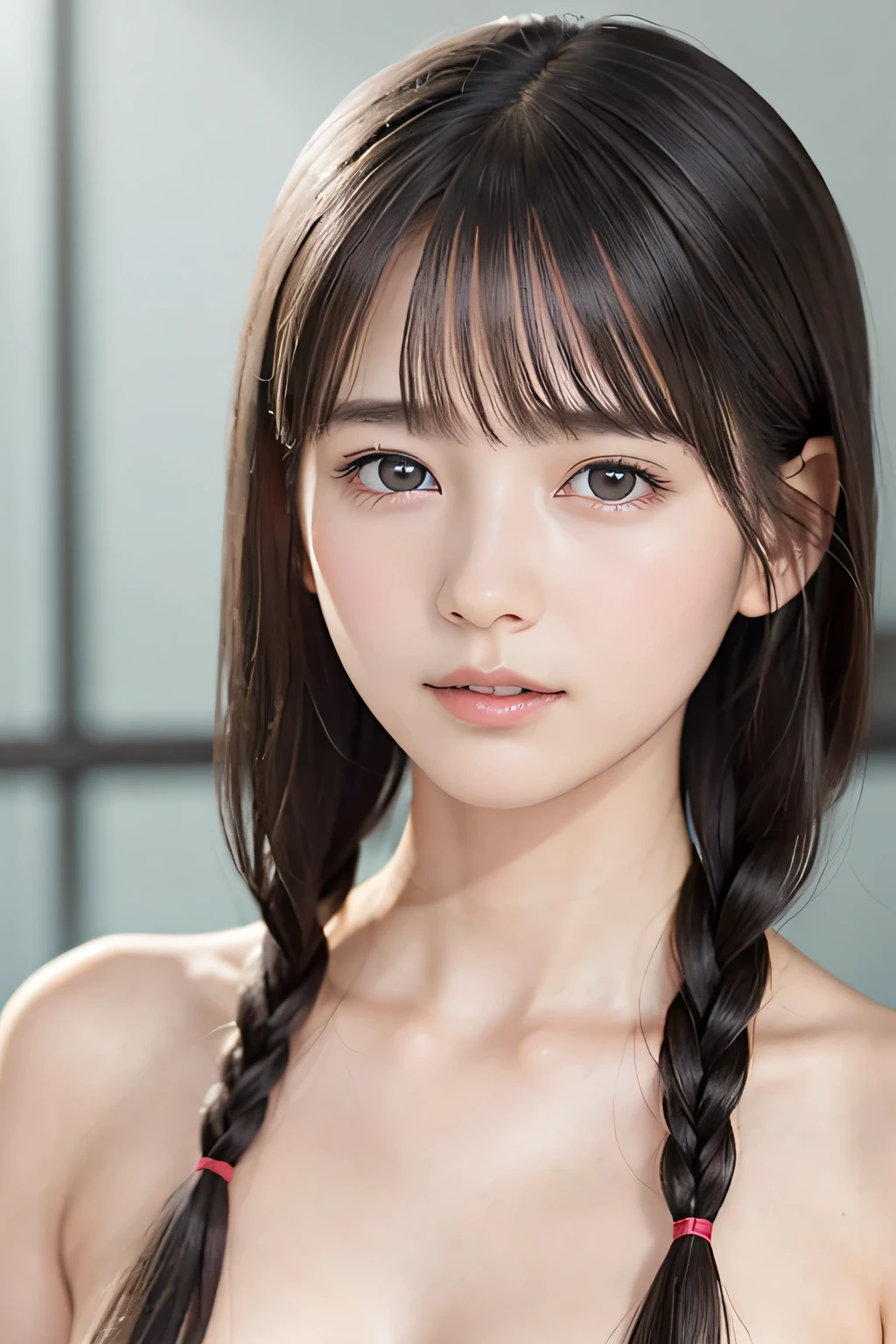 highest quality, realistic, 8K, High resolution, 1 girl, woman, (skin dents), (portrait:0.6), nice, ((white background, naked, small breasts:1.65)), (Long braided brown hair, parted bangs:1.4), looking at the viewer, (1 girl eyes looking at the viewer:1.6), realistic, (Bokeh), (closed mouth, smile:1.3), nice, face to face with the children_V1:1,