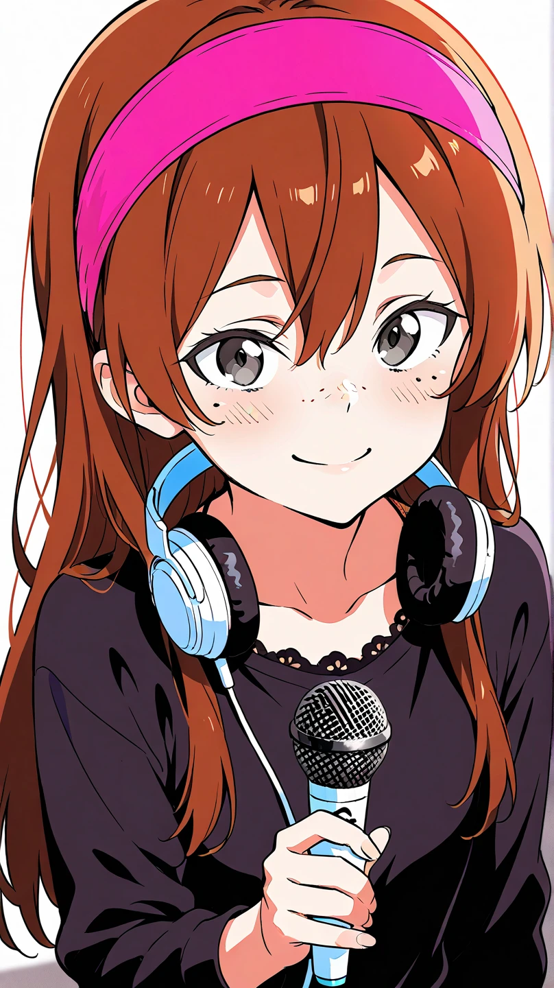 (((masterpiece))), ((best quality)), ((ultra-detailed)), (illustration), (detailed lig ht), (an extremely delicate and beautiful), source_cartoon, source_anime, 1girl, ,perfect eyes, brown hair, pink headband, black eyes, freckles, kirito, 1girl, headphones, long_hair, holding, microphone, long_sleeves, headphones_around_neck, looking_at_viewer, smile, lace_trim, black_shirt, brown_eyes, white_background, very_long_hair, upper_body, shirt, solo, lace