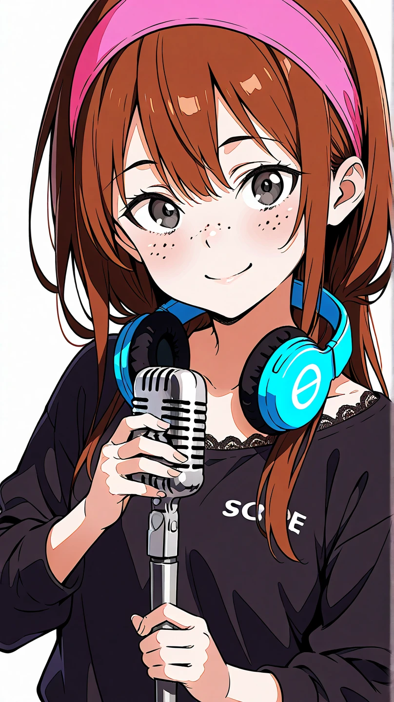 (((masterpiece))), ((best quality)), ((ultra-detailed)), (illustration), (detailed lig ht), (an extremely delicate and beautiful), source_cartoon, source_anime, 1girl, ,perfect eyes, brown hair, pink headband, black eyes, freckles, kirito, 1girl, headphones, long_hair, holding, microphone, long_sleeves, headphones_around_neck, looking_at_viewer, smile, lace_trim, black_shirt, brown_eyes, white_background, very_long_hair, upper_body, shirt, solo, lace