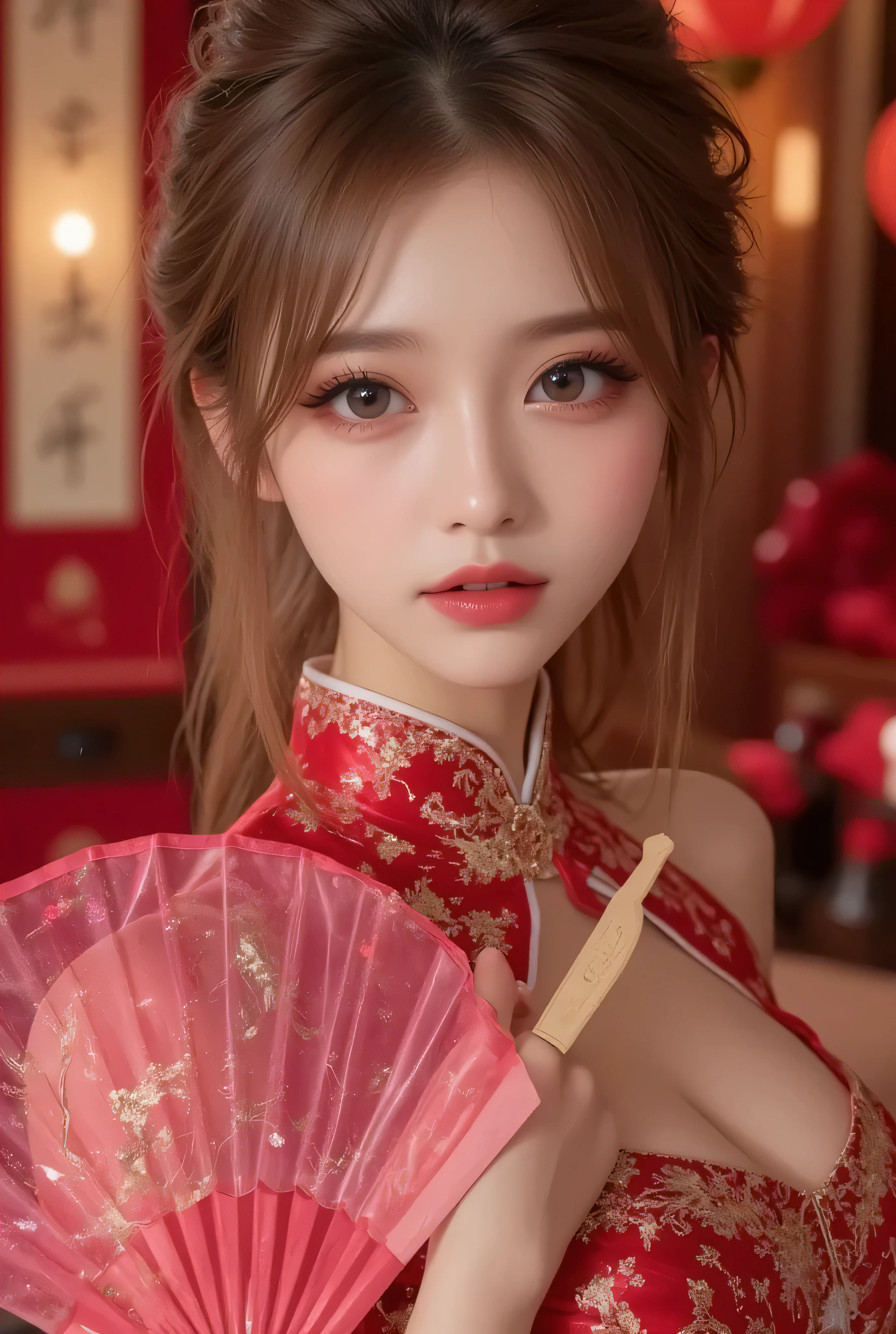 Cat ears、 face up, attractive, pretty girl, ponytail、 (( fine facial features , eroticism)), dramatic lighting , realistic , 8k, Dramatic Shadows , intricate and elaborate patterns , super detailed photo , chiaroscuro lighting , Pleasant colors , deep contrast , super real 、 pink lipstick、 warm room、Vintage Fireplace 、 cinematic composition、Close-up of face, pretty half part transparent open shoulder loose outfits dress, tang style, A beautiful Korean idol wearing a one piece red- black tightly cheongsam with phoenix and intricate floral golden embroidery, golden and silver outline on dress, hand hold pink feathers transparent Chinese fan with golden ink painting of bird and tree , standing gracefully in a room filled with traditional Chinese New Year decorations. The room features vibrant red lanterns, decorative calligraphy scrolls, a small Chinese orange tree with golden ornaments, and several red envelopes scattered across the floor and hanging from the tree. Adorable, playful cats are part of the scene—some sitting near the tree, others curiously pawing at the red envelopes or lounging around. Through a window or an open door in the background, vibrant Chinese fireworks light up the night sky in an array of reds, golds, and blues, casting a magical glow into the room. The idol’s outfit is paired with subtle accessories like red hairpins or earrings, complementing the festive look. The atmosphere is warm and lively, filled with the joyful essence of the celebration, enhanced by the shimmering lights of the fireworks and the lively decor.