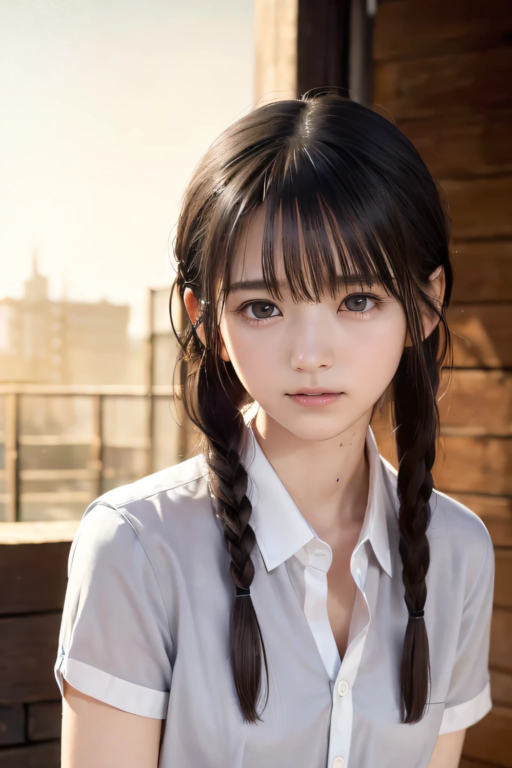(8k, RAW photo, photorealistic:1.25), (short two braids hair, wet hair:1.5), (lip gloss, eyelashes, Shiny surface, Glossy Skin, best quality, ultra highres, allows depth of field, Color Difference , caustics, blow lighting , Natural Shading, kpop idol), (cleavage, naked white shirt, nude, short sleeve shirt, Unbuttoned shirt:1.7), With an expression of calm and bliss like a goddess, crying, tears, tearing, sadness, dark dungeon