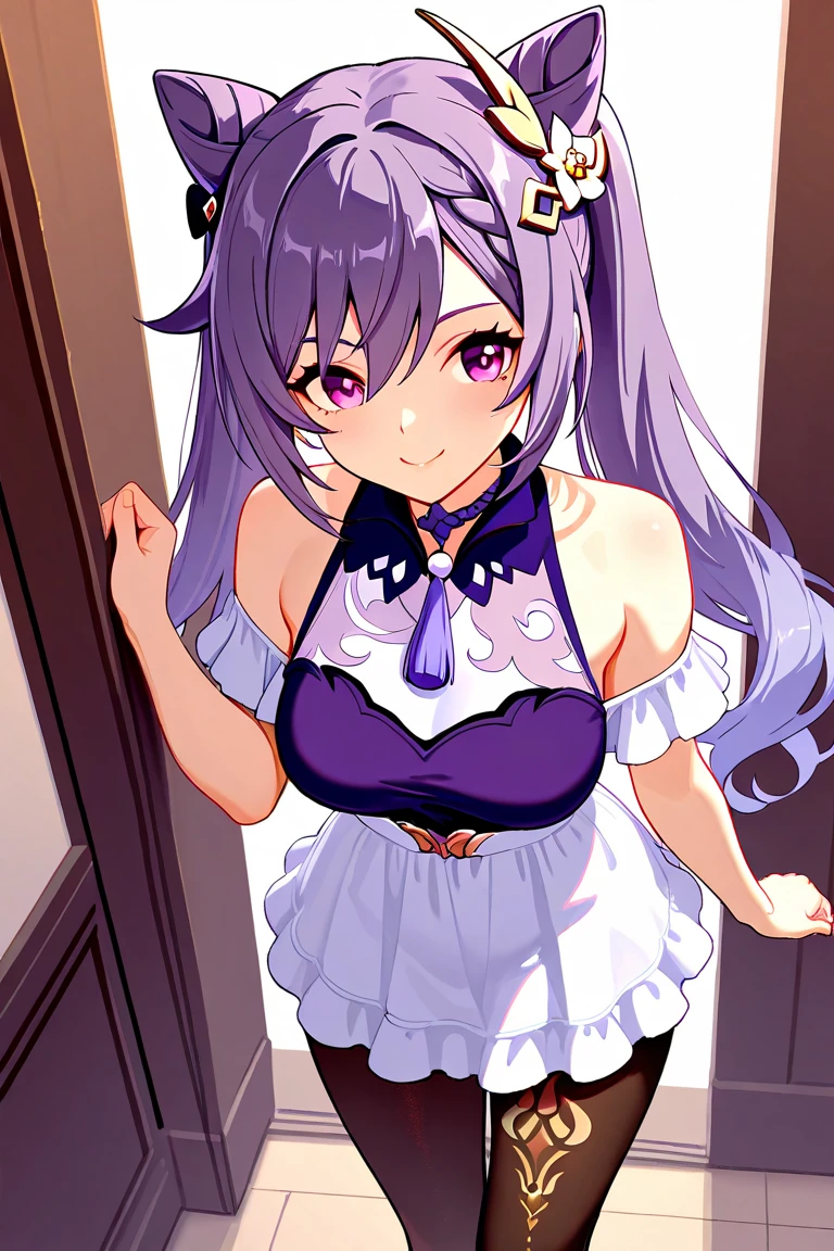 最high quality, high quality, Super detailed, 16K, Ultra-detailed details, pretty girl, alone, beautiful purple hair, Beautiful purple eyes, Big Breasts, A light smile, Summer clothes, Summer Maid clothes, I'm lifting my skirt, Blue and white color striped underwear(Showing her underwear under her skirt), My crotch is wet with love juice, {{A succubus who falls in love with a man steals the facial skin of the girl he loves, transforms her face into that of a girl, and serves the man as a maid.}}, (((Intense vaginal sex with a man:1.5))), Full body image, NSFW