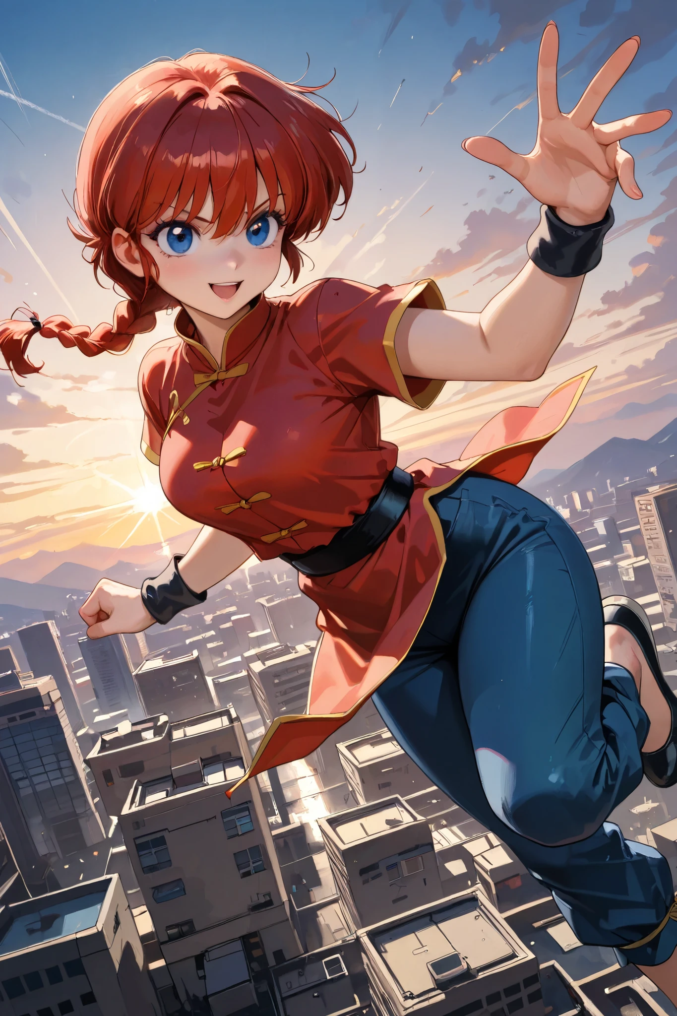 (alone:1.3), a girl\(ranma, the main character of the anime \(ranma1/2\), beautiful,sexy, Braided red hair, Ojos rojos, Chinese red clothing , smiling, ranma saotome , Braid, red hair, single Braid, Braided ponytail, Ojos rojos, pants , Chinese clothing, tangzhuang, dynamic kung-fu action , purple eyeshadow ).bottom\( Panda de ranma ,simple Chinese design \). BREAK .quality\(8K, extremely detailed CG unit , High resolution , top-quality, top-quality real texture skin, hyperrealistic, increase resolution , RAW photo box , best quality, , , golden ratio , high saturation realism , vibrant colors, dramatic lighting , persuasive storytelling , atmospheric scenery , captivating images , intricate details , strong emotions , dream world\),(dynamic angle:1.4)