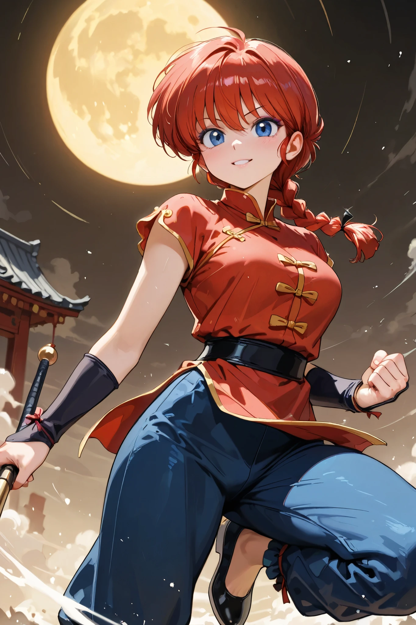 (alone:1.3), a girl\(ranma, the main character of the anime \(ranma1/2\), beautiful,sexy, Braided red hair, Ojos rojos, Chinese red clothing , smiling, ranma saotome , Braid, red hair, single Braid, Braided ponytail, Ojos rojos, pants , Chinese clothing, tangzhuang, dynamic kung-fu action , purple eyeshadow ).bottom\( Panda de ranma ,simple Chinese design \). BREAK .quality\(8K, extremely detailed CG unit , High resolution , top-quality, top-quality real texture skin, hyperrealistic, increase resolution , RAW photo box , best quality, , , golden ratio , high saturation realism , vibrant colors, dramatic lighting , persuasive storytelling , atmospheric scenery , captivating images , intricate details , strong emotions , dream world\),(dynamic angle:1.4)