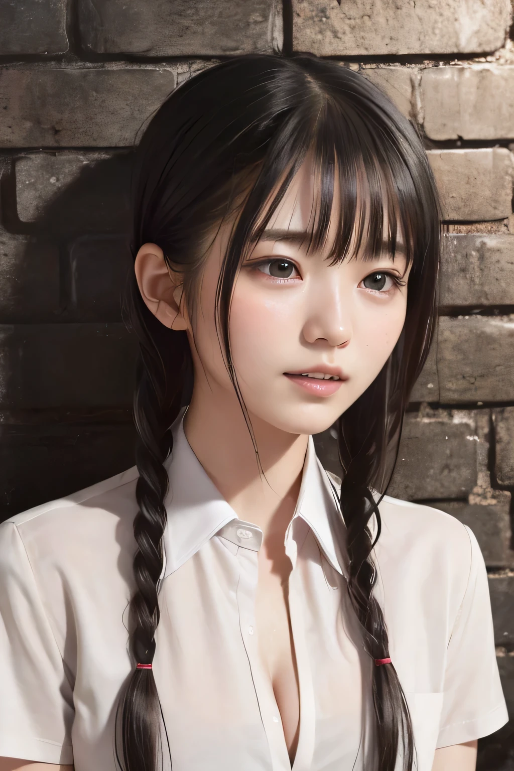 (8k, RAW photo, photorealistic:1.25), (short two braids hair, wet hair:1.5), (lip gloss, eyelashes, Shiny surface, Glossy Skin, best quality, ultra highres, allows depth of field, Color Difference , caustics, blow lighting , Natural Shading, kpop idol), (cleavage, naked white shirt, nude, short sleeve shirt, Unbuttoned shirt:1.7), With an expression of calm and bliss like a goddess, crying, tears, tearing, sadness, dark dungeon