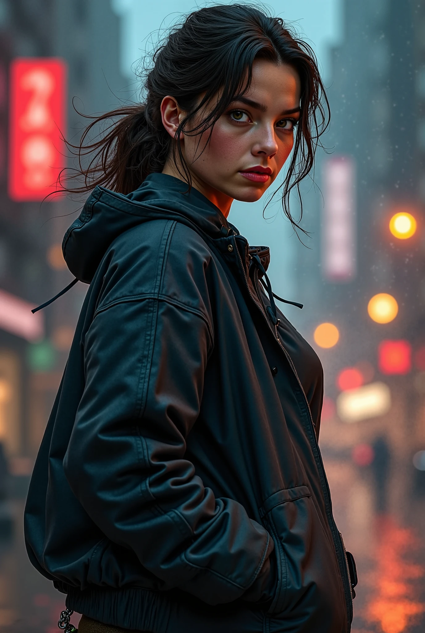 Woman in black jacket standing in the rain in a city - SeaArt AI
