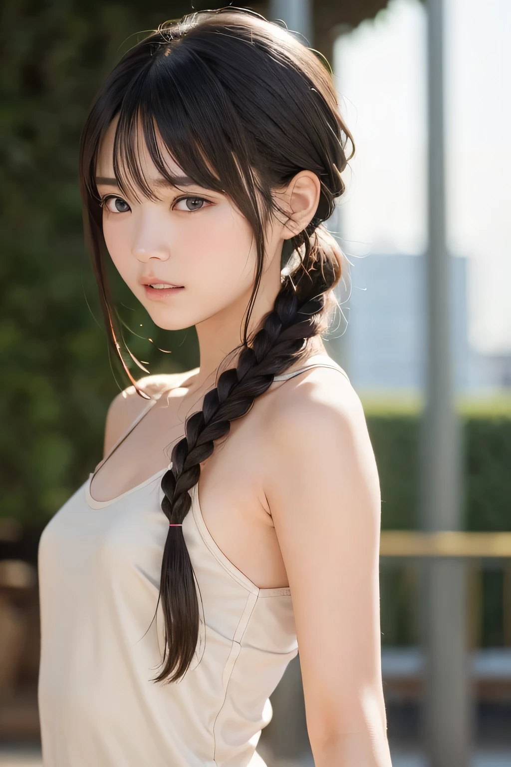 (8k, RAW photo, photorealistic:1.25) ,( lip gloss, eyelashes, Shiny surface, Glossy Skin, best quality, ultra highres, allows depth of field, naked, nude, short two braids hair, Color Difference , caustics, blow lighting , Natural Shading, kpop idol) , while staring at the audience 、With an expression of calm and bliss like a goddess, crying, tears, tearing, sadness, dark background
