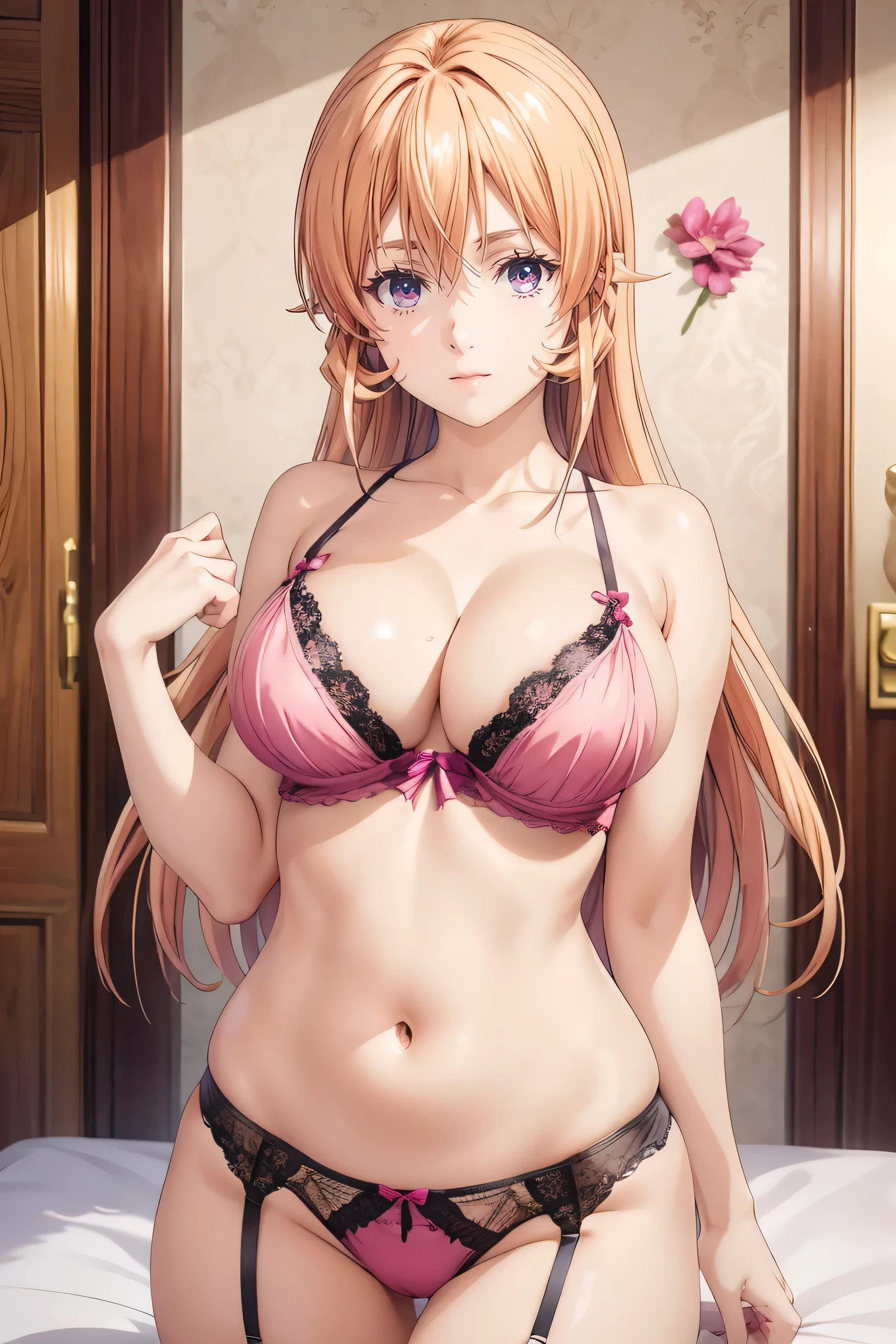 Very noble、She's erotic and cute 、 beautiful blonde hair 、Wear revealing clothing、 garter belt、 Garter Straps、 wears erotic and glamorous lace 。 Wear erotic pink open lingerie 。。。。。、 Vibrant Color Styles 、 I'll dazzle you with the best images in the best situations .。 this is a high quality product with meticulous attention to detail ...................。...。 Erotic Poses 。Sexy proportions。 Hang it down to cover your forehead 。 facial beauty。High quality skin texture is the best。 naughty look 。The eyes that look at me are beautiful。 pats her head with a gentle smile 。Beautiful white teeth、 G cup bust、 plump bust、Serving with a beautiful chest、Very beautiful body、this is、 She leaned forward.、Highlight your beautiful stomach and breasts ...................。、 ultra high resolution、 beautiful image 。 vivid details 。Delicate expression around the eyes。。。。 top class performance Ultra high resolution beautiful expression down to detail 4K high resolution 8K high resolution