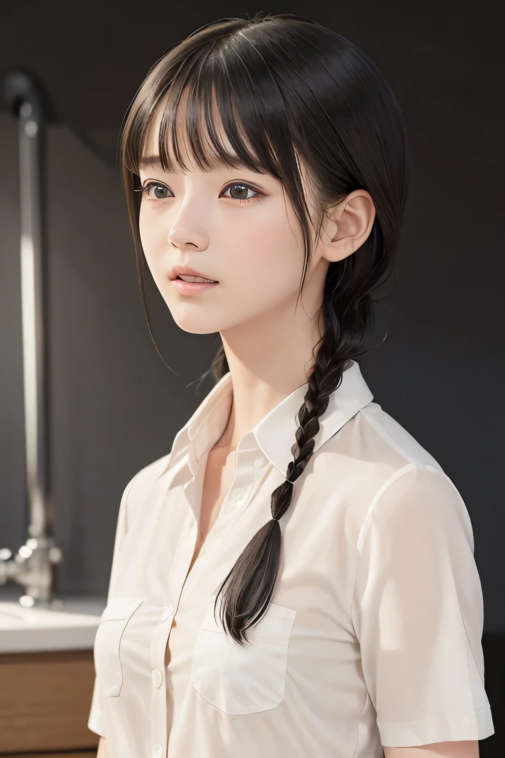 (8k, RAW photo, photorealistic:1.25), (short two braids hair, wet hair:1.5), (cleavage, naked shirt, nude, white short sleeve shirt, Unbuttoned shirt:1.7), (lip gloss, eyelashes, Shiny surface, Glossy Skin, best quality, ultra highres, allows depth of field, Color Difference , caustics, blow lighting , Natural Shading, kpop idol), With an expression of calm and bliss like a goddess, crying, tears, tearing, sadness, (dark background, living, kitchen:1.4)