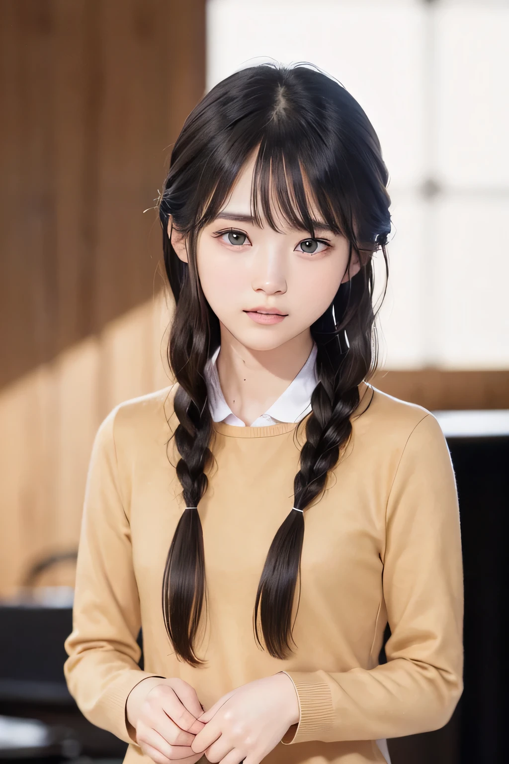 (8k, RAW photo, photorealistic:1.25) ,( lip gloss, eyelashes, Shiny surface, Glossy Skin, best quality, ultra highres, allows depth of field, naked, nude, short two braids hair, Color Difference , caustics, blow lighting , Natural Shading, kpop idol) , while staring at the audience 、With an expression of calm and bliss like a goddess, crying, tears, tearing, sadness, dark background