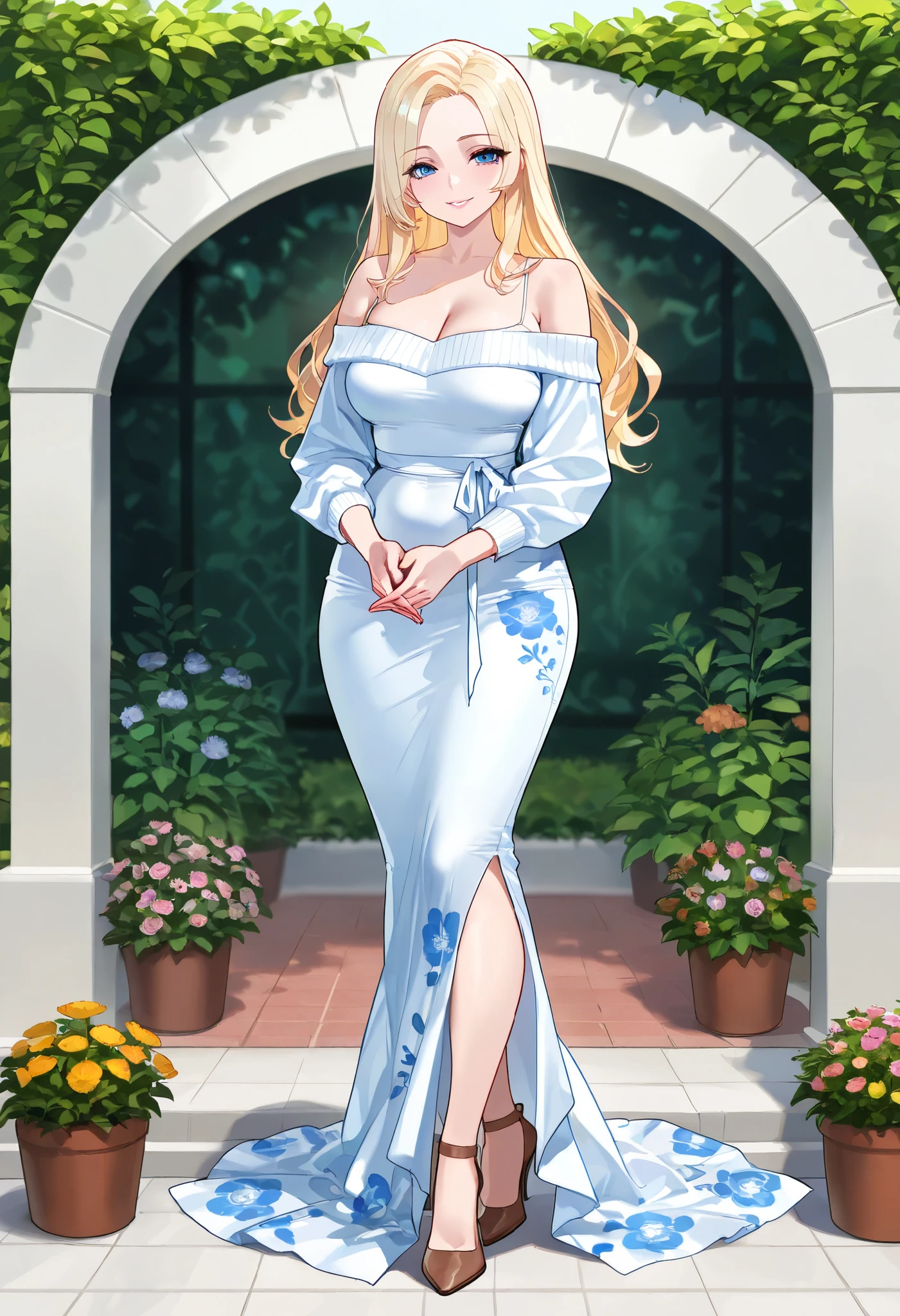 An extremely gorgeous beautiful woman with blonde hair. She has extremely fair white natural skin, red plump glossy lips, big blue eyes, and a slim yet curvy plain body. She's wearing a long white floral dress with spaghetti straps, a pink front-open sweater worn in an off-shoulder style, and brown heels. She's standing straight, smiling, hands joined together, garden background, show full body