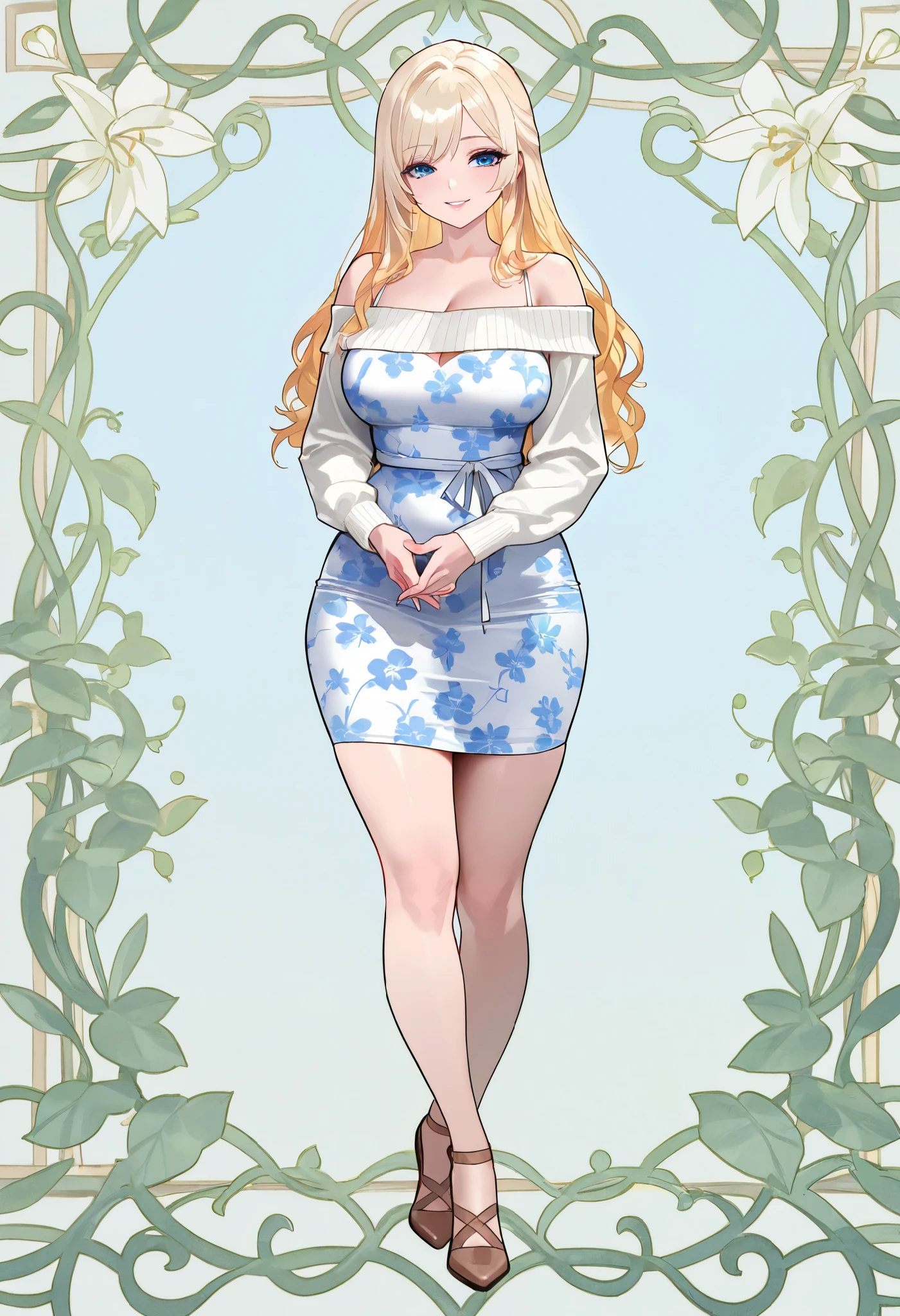 An extremely gorgeous beautiful woman with blonde hair. She has extremely fair white natural skin, red plump glossy lips, big blue eyes, and a slim yet curvy plain body. She's wearing a long white floral dress with spaghetti straps, a pink front-open sweater worn in an off-shoulder style, and brown heels. She's standing straight, smiling, hands joined together, garden background, show full body