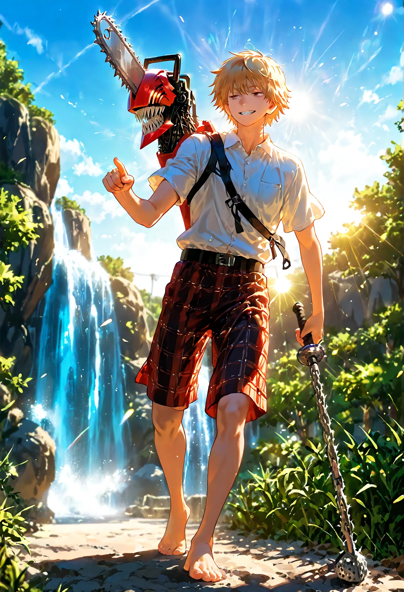masterpiece, best quality, , anime screencap, anime coloring, official style, , 1boy, solo, male focus, denji_chainsaw_man, blonde hair, brown eyes, short hair, bangs, sharp teeth, panorama, full body, sunlight, outdoors, summer, pointing, half-closed eyes, smile, Crimson Tartan Linen Plaid golf pants, shorts , bare foot, waterfall behind him, sunlight falling on him