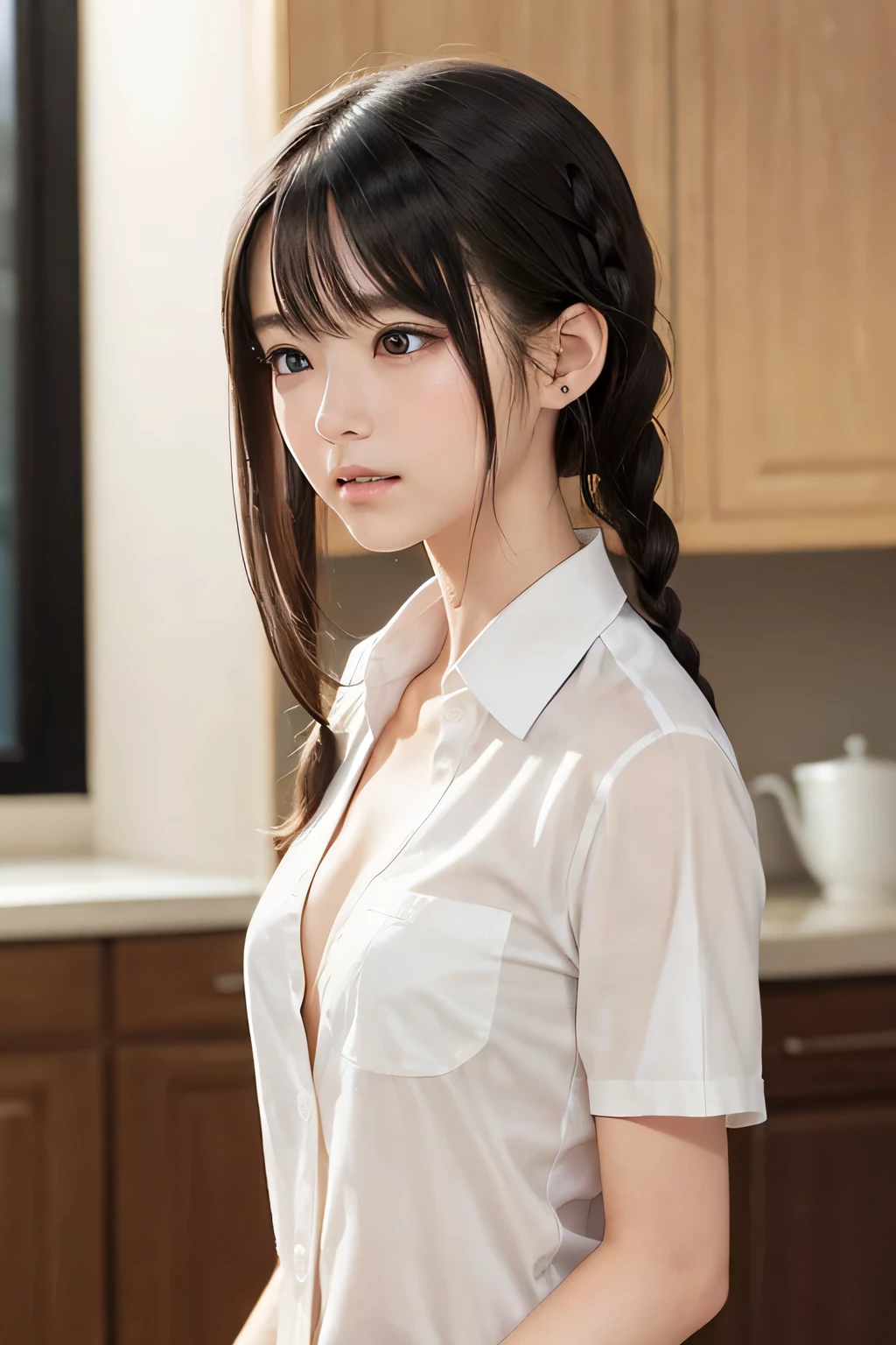 (8k,  RAW photo,  photorealistic:1.25), (short two braids hair, wet hair:1.5), (cleavage, naked shirt, nude, white short sleeve shirt, Unbuttoned shirt:1.7), (lip gloss,  eyelashes, Shiny surface, Glossy Skin,  best quality, ultra highres,  allows depth of field, Color Difference ,  caustics,  blow lighting , Natural Shading,  kpop idol), With an expression of calm and bliss like a goddess, crying, tears, tearing, sadness, (dark background, living, kitchen:1.4)