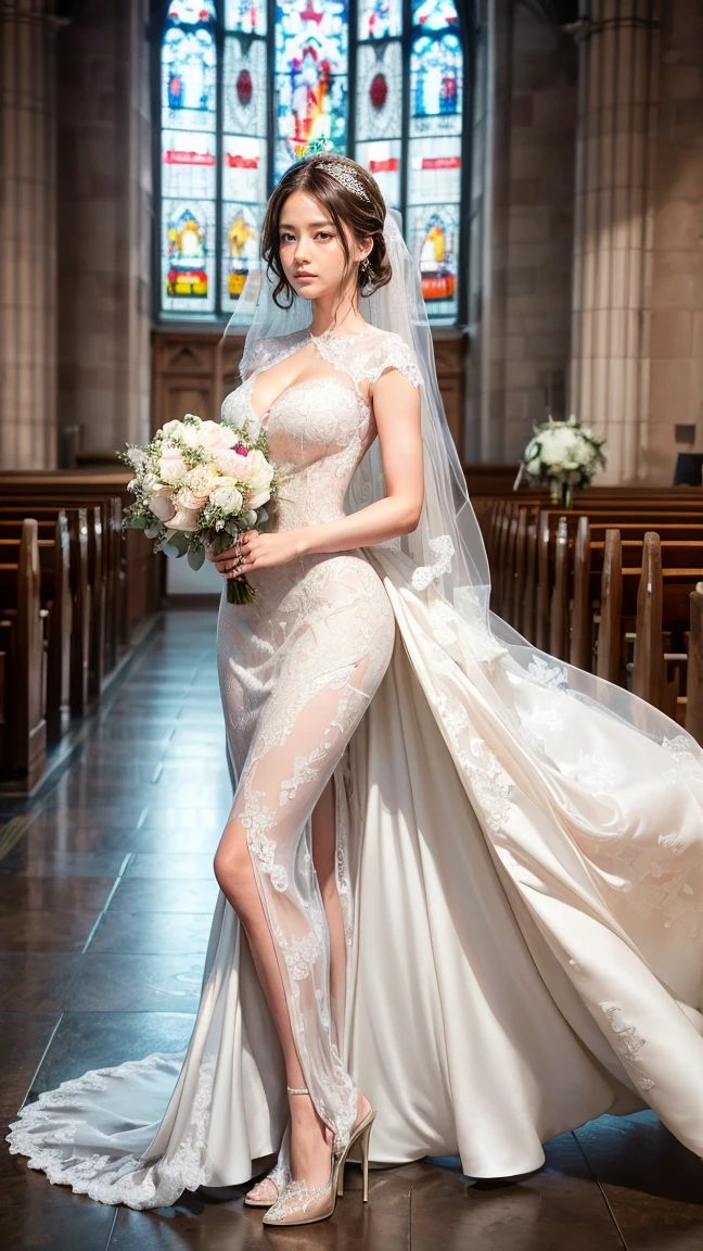 Sugihara anri, ((solo)), alone, bride, wearing a white sexy wedding dress, queen, happy, ((forehead to show)), standing, entering the church, dark hair, long hair, delicate, young, long hair, detailed face, high definition, ((full body)), (flowers around her), full body, she is a beautiful woman getting married, face with high quality, beautiful, radiant