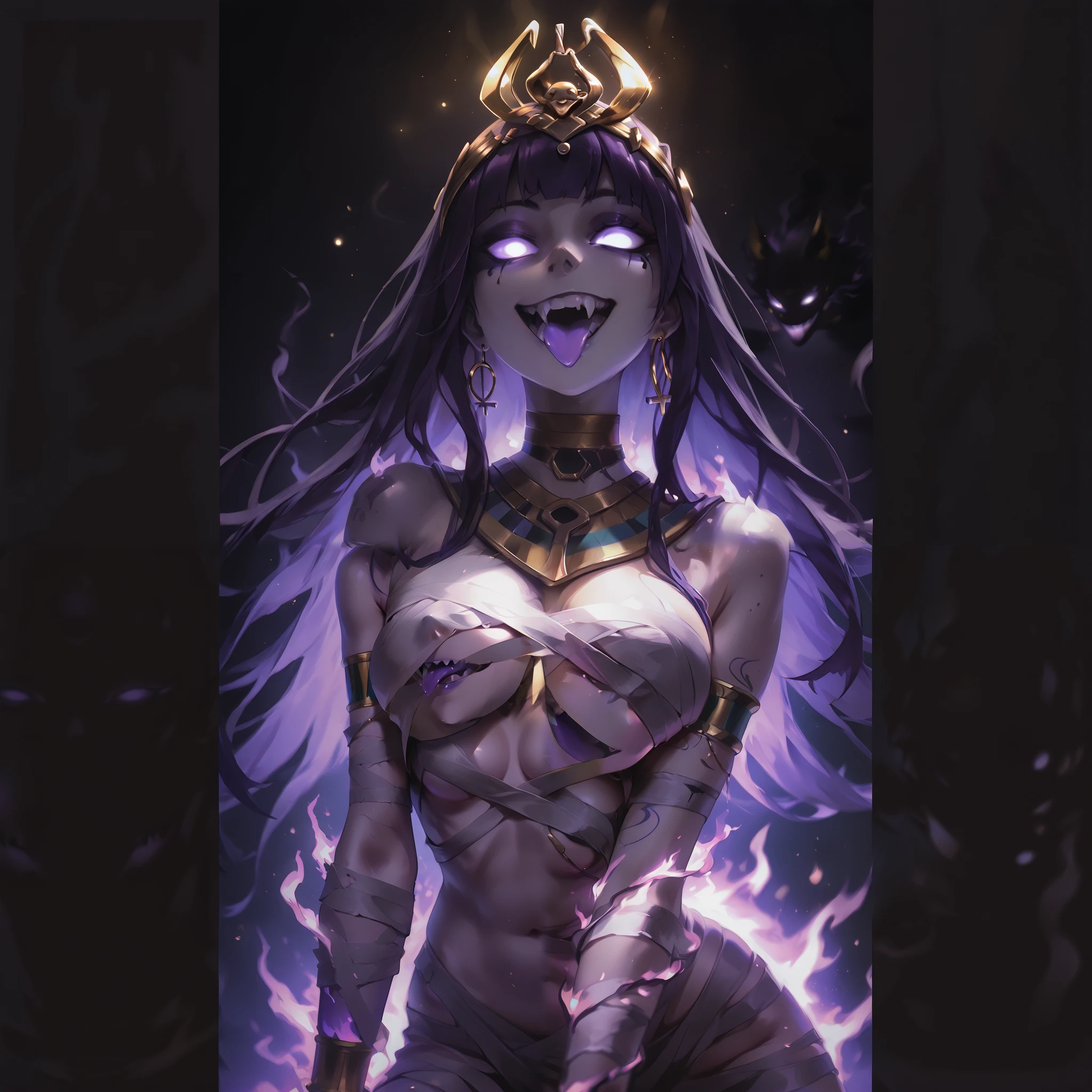 (ultra detailed), (masterpiece), (best quality), (depth of field), (sharp focus), (cinematic lighting), (vibrant purple), 1, crazy smile, fangs, tongue out, long purple tongue, deep eyes, egyptian style, dark makeup, neon purple tattoos, golden piercings, psychotic, psycho, A dark lighted anime mummy woman, sexy loose bandages, white bandages, revealing bandages, golden egyptian crown, pale skin, sexy body, big breasts, cleopatra, egyptian hairstyle, egyptian queen, sexy egyptian queen, s3xy egyptian goddess, with bright purple eyes, deep set eyes, neon purple hair and lots of purple energy, psycho smile, ((purple flames are in the background)), sharp teeth, battle pose, (((purple gradient background: 1.4))), energy, energetic, Phonk, Brazilian Phonk, Simple Design, Simplified --s 100 --niji 5 --ar 1:1 ,phnk, 1girl, dark background, silhouette, glowing eyes, aura, phnk, 1girl, black background, silhouette, floating hair, blank eyes, looking at viewer,{{crazy smile, sadistic smile, closed teeth}}, ((empty eyes)), {{glowing eyes, glowing particles, glow}}, ,hauntedglow, glowing eyes,traditional media, realistic,