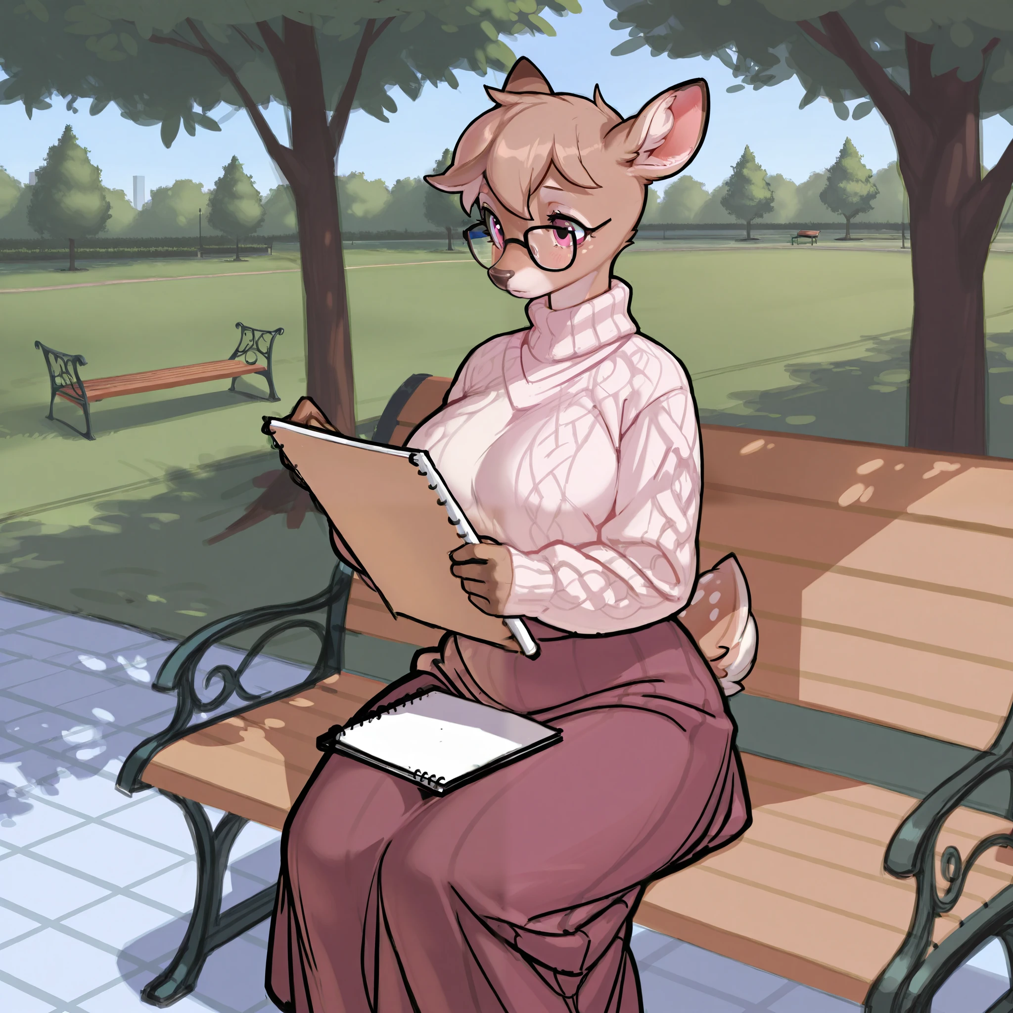 Deer furry, deer, doe, doe eyes, woman, feminine, cute clothes, sweater, long skirt, glasses, bow, deer features, deer tail, park, bench, pink eyes, sketch pad, solo, curvy.