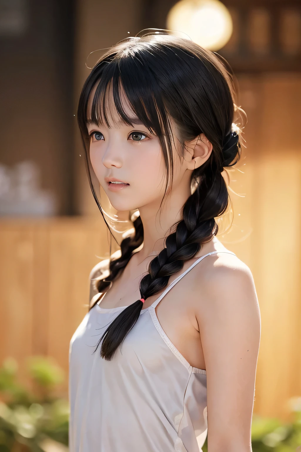 (8k,  RAW photo,  photorealistic:1.25) ,(  lip gloss,  eyelashes, Shiny surface, Glossy Skin,  best quality, ultra highres,  allows depth of field, naked, nude,  short two braids hair, Color Difference ,  caustics,  blow lighting , Natural Shading,  kpop idol) , while staring at the audience 、With an expression of calm and bliss like a goddess, crying, tears, tearing, sadness, dark background