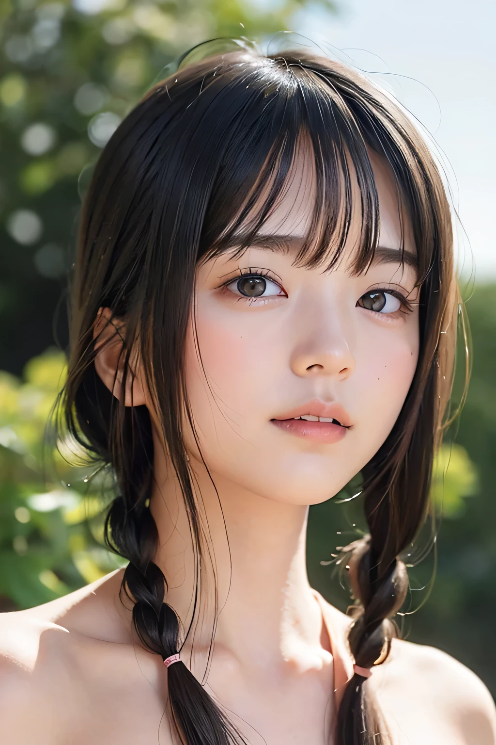(8k, RAW photo, photorealistic:1.25) ,( lip gloss, eyelashes, Shiny surface, Glossy Skin, best quality, ultra highres, allows depth of field, naked, nude, short two braids hair, Color Difference , caustics, blow lighting , Natural Shading, kpop idol) , while staring at the audience 、With an expression of calm and bliss like a goddess, crying, tears, tearing, sadness, dark background