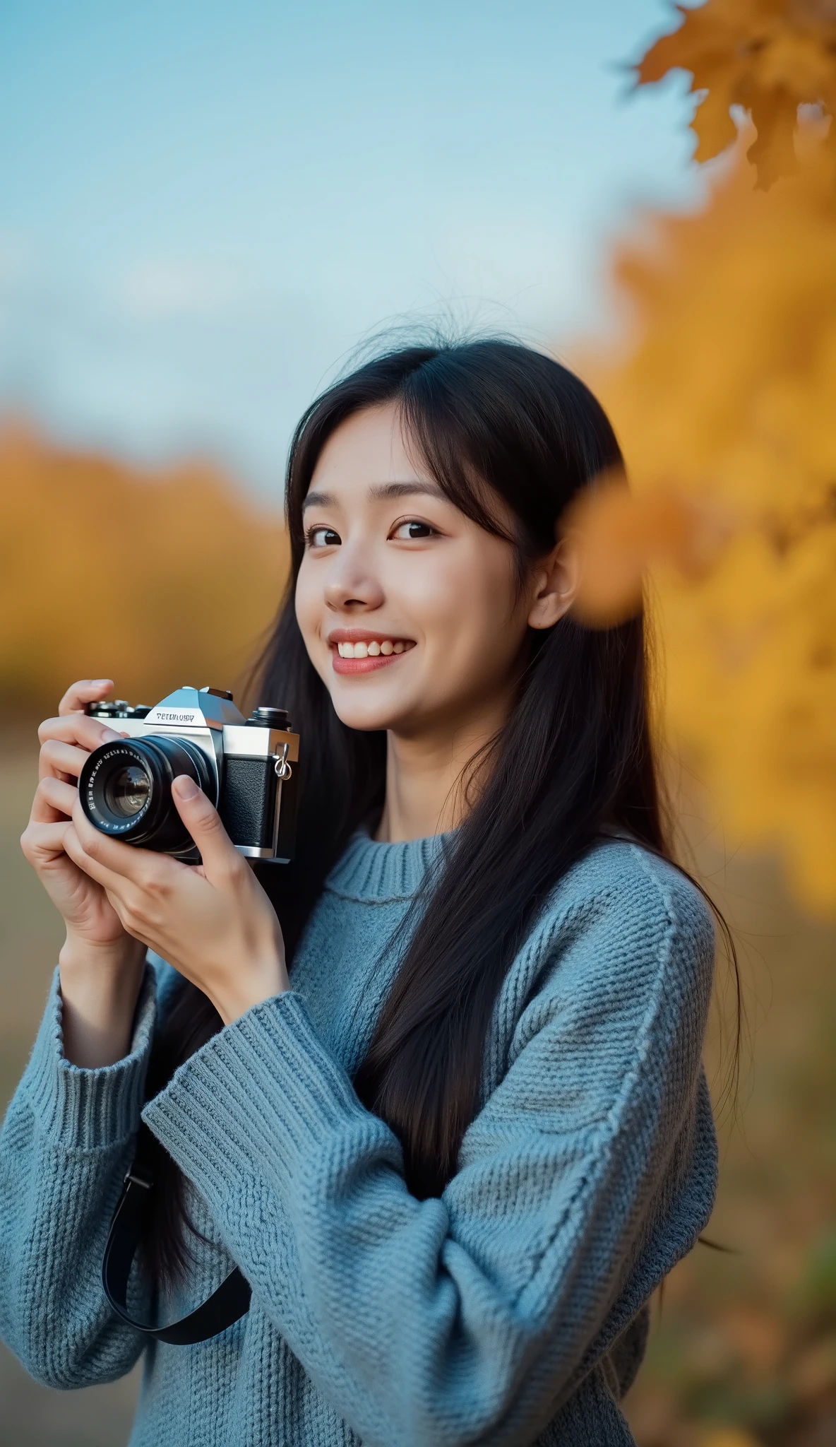 A young woman in a warm blue knitted sweater holds a vintage camera around her neck as she captures the tranquil autumn atmosphere. Her long dark hair flows down her shoulders, matching her gentle smile as she focuses on the scene in front of her. The backdrop of blurry golden leaves and a clear blue sky creates a harmonious blend of colors that evokes a sense of calm and nostalgia. In this moment, time seems to stand still as the young woman immerses herself in the art of photography amidst the beauty of nature’s seasonal changes.