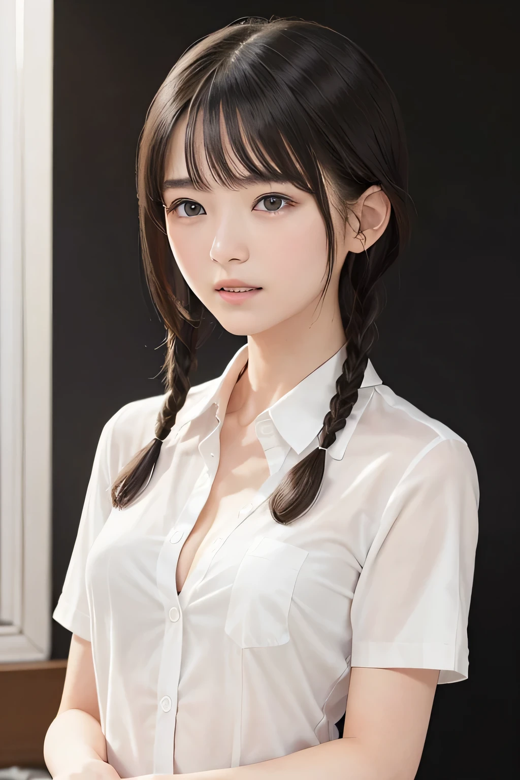 (8k, RAW photo, photorealistic:1.25), (short two braids hair, wet hair:1.5), (cleavage, naked shirt, nude, white short sleeve shirt, Unbuttoned shirt:1.7), (lip gloss, eyelashes, Shiny surface, Glossy Skin, best quality, ultra highres, allows depth of field, Color Difference , caustics, blow lighting , Natural Shading, kpop idol), With an expression of calm and bliss like a goddess, crying, tears, tearing, sadness, (dark background, living, kitchen:1.4)