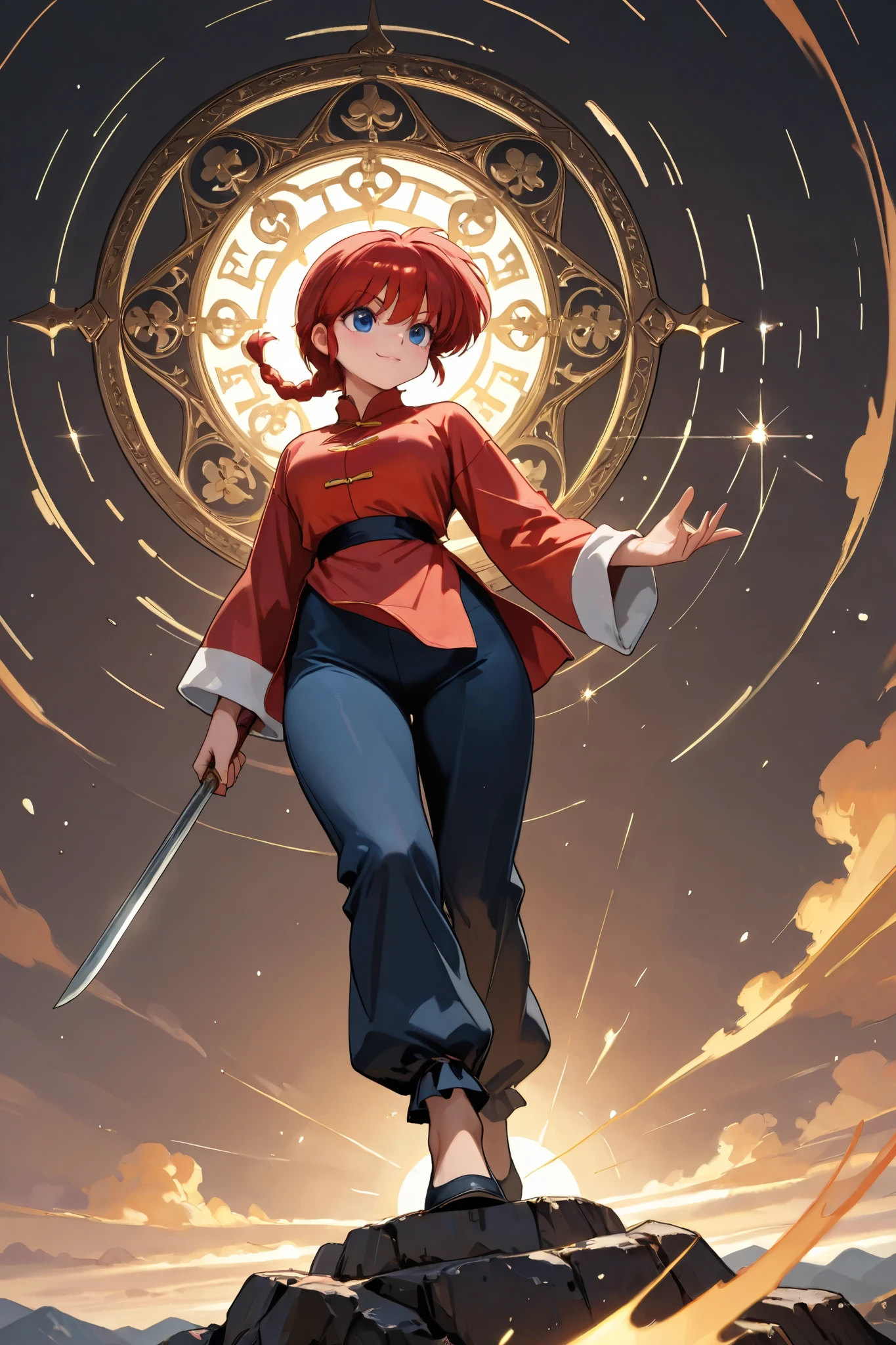 (alone:1.3), a girl\(ranma, the main character of the anime \(ranma1/2\), beautiful,sexy, Braided red hair, Ojos rojos, Chinese red clothing , smiling, ranma saotome , Braid, red hair, single Braid, Braided ponytail, Ojos rojos, pants , Chinese clothing, tangzhuang, dynamic kung-fu action , purple eyeshadow ).bottom\( Panda de ranma ,simple Chinese design \). BREAK .quality\(8K, extremely detailed CG unit , High resolution , top-quality, top-quality real texture skin, hyperrealistic, increase resolution , RAW photo box , best quality, , , golden ratio , high saturation realism , vibrant colors, dramatic lighting , persuasive storytelling , atmospheric scenery , captivating images , intricate details , strong emotions , dream world\),(dynamic angle:1.4)