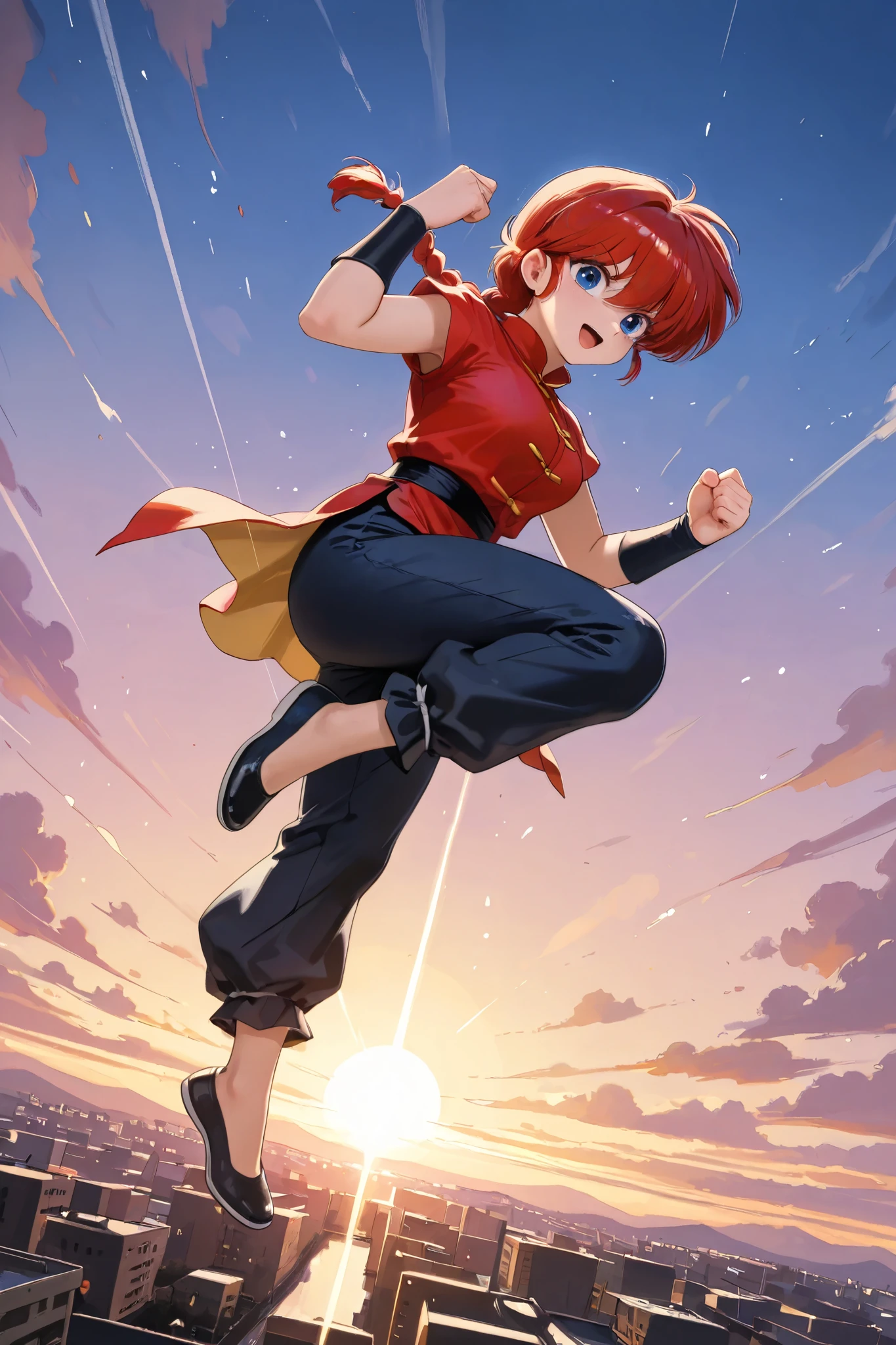(alone:1.3), a girl\(ranma, the main character of the anime \(ranma1/2\), beautiful,sexy, Braided red hair, Ojos rojos, Chinese red clothing , smiling, ranma saotome , Braid, red hair, single Braid, Braided ponytail, Ojos rojos, pants , Chinese clothing, tangzhuang, dynamic kung-fu action , purple eyeshadow ).bottom\( Panda de ranma ,simple Chinese design \). BREAK .quality\(8K, extremely detailed CG unit , High resolution , top-quality, top-quality real texture skin, hyperrealistic, increase resolution , RAW photo box , best quality, , , golden ratio , high saturation realism , vibrant colors, dramatic lighting , persuasive storytelling , atmospheric scenery , captivating images , intricate details , strong emotions , dream world\),(dynamic angle:1.4)