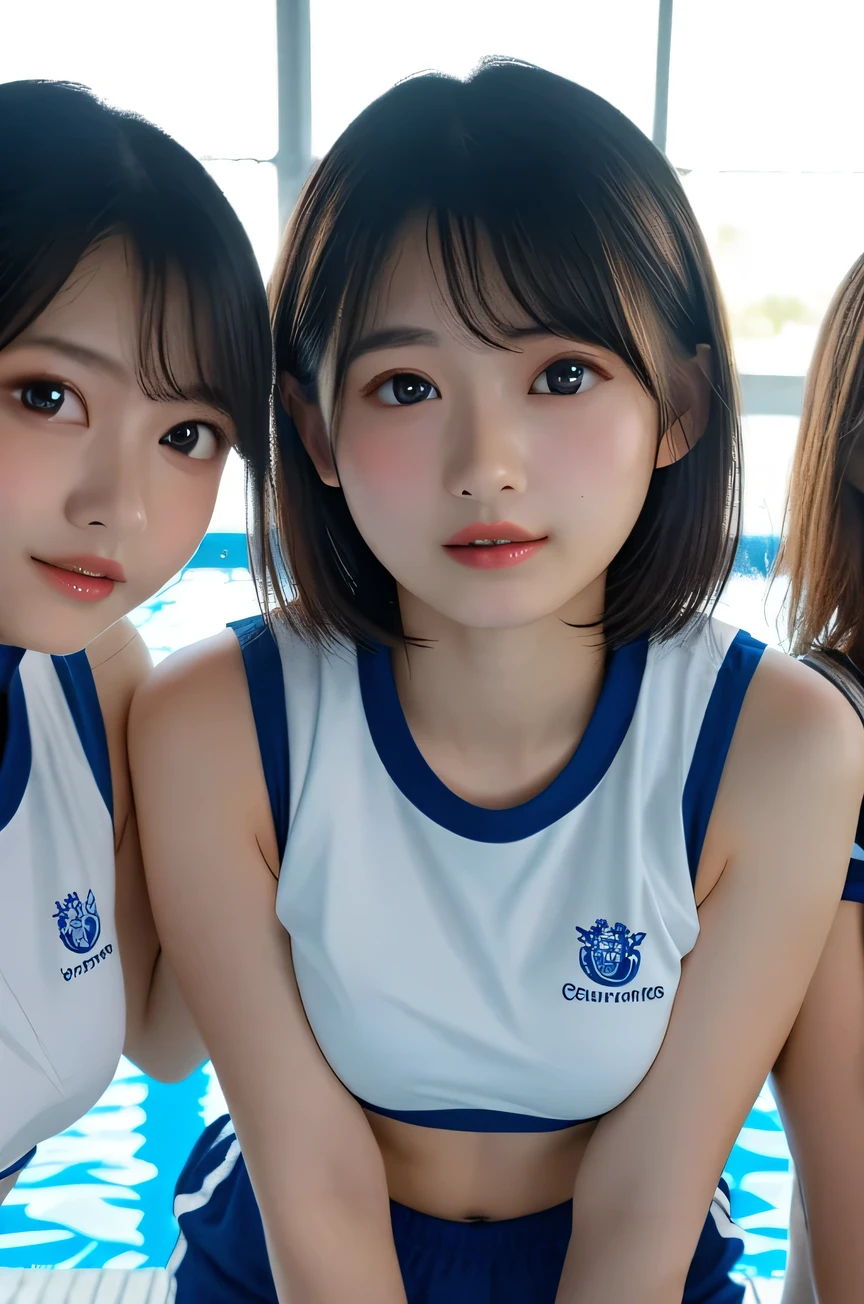 Every girl's hands are on their chest , score_9, score_8_ up the side, score_7_ up the side, rating_ explicit , Masterpiece, top quality, ( ultra-realistic , photorealistic:1.2), ultra high resolution, genuine leather , cowboy shooting,
break straight-on, 3 girls from the 2nd floor seat, line up in a row , White gym wear, Short sleeve, clothes lift, Short sleeve, clothes pulled up the side, bras lined up the side with perfect breasts for the viewer, ( place all hands completely on chest ), high-cut navy bloomers , makes viewers look perfect , two s in the school gym ,
break ( very cute face, The Face of Japan:1.2), Idol's face, perfect anatomy in pool water,