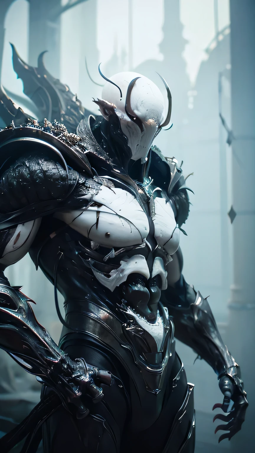 a corrupted male humanoid monster, Giant,mutant, biomechanical, white armored skin, highly detailed, cinematic lighting, dark and moody atmosphere, hyper realistic, 8k, dramatic pose, intricate textures, organic shapes, glowing eyes, sharp claws, asymmetrical design, dark fantasy, chiaroscuro, dramatic shadows, moody color palette, gritty, high contrast