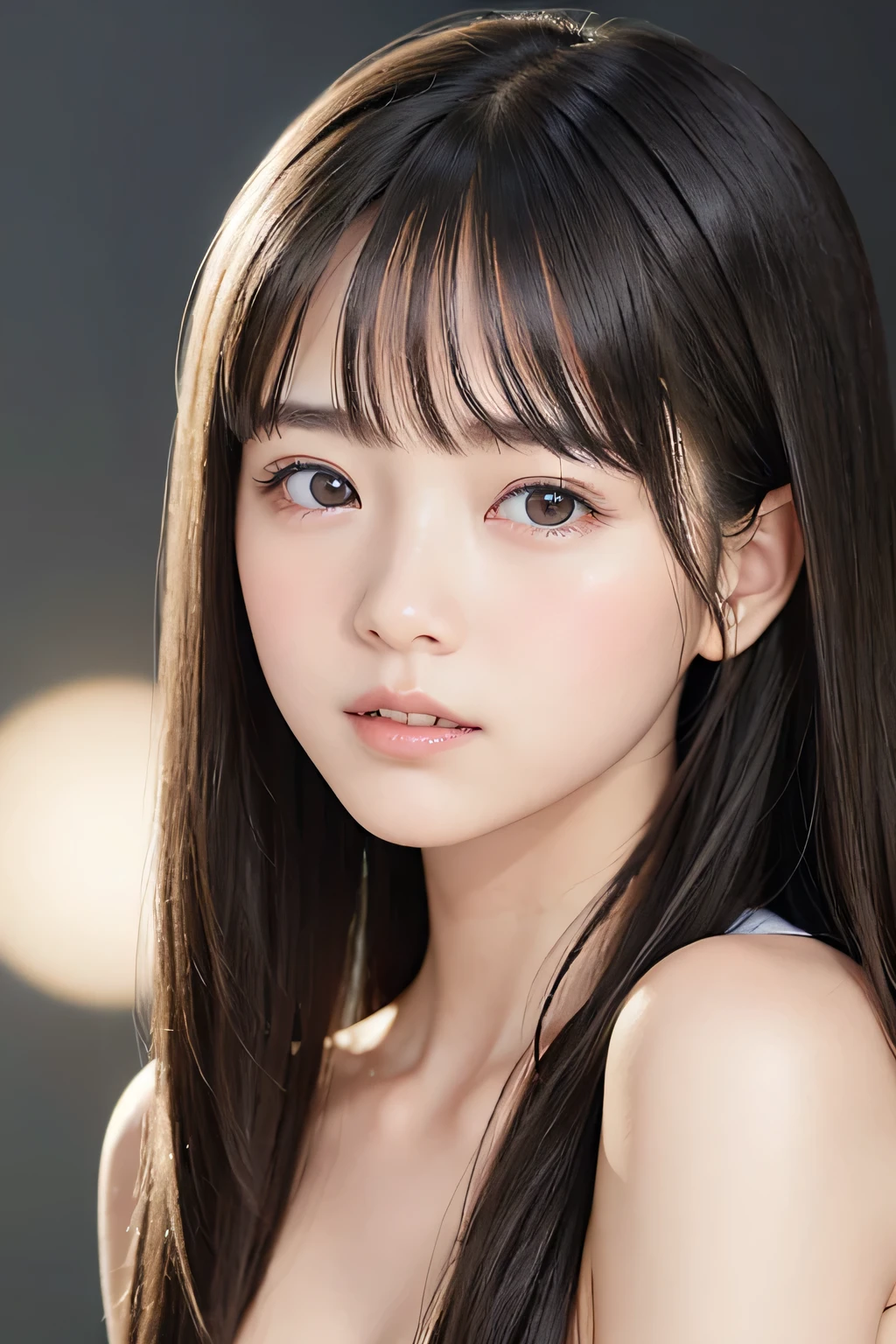 (8k, RAW photo, photorealistic:1.25) ,( lip gloss, eyelashes, Shiny surface, Glossy Skin, best quality, ultra highres, allows depth of field, naked, nude, short two braids hair, Color Difference , caustics, blow lighting , Natural Shading, kpop idol) , while staring at the audience 、With an expression of calm and bliss like a goddess, crying, tears, tearing, sadness, dark background
