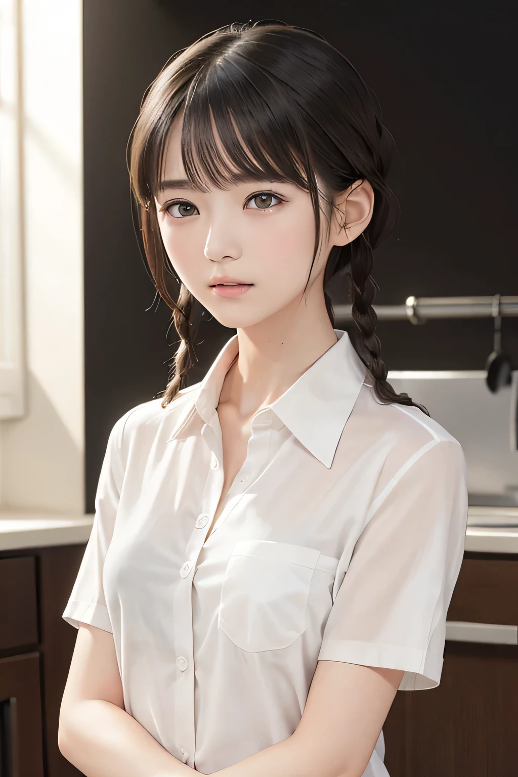 (8k, RAW photo, photorealistic:1.25), (short two braids hair, wet hair:1.5), (cleavage, naked shirt, nude, white short sleeve shirt, Unbuttoned shirt:1.7), (lip gloss, eyelashes, Shiny surface, Glossy Skin, best quality, ultra highres, allows depth of field, Color Difference , caustics, blow lighting , Natural Shading, kpop idol), With an expression of calm and bliss like a goddess, crying, tears, tearing, sadness, (dark background, living, kitchen:1.4)