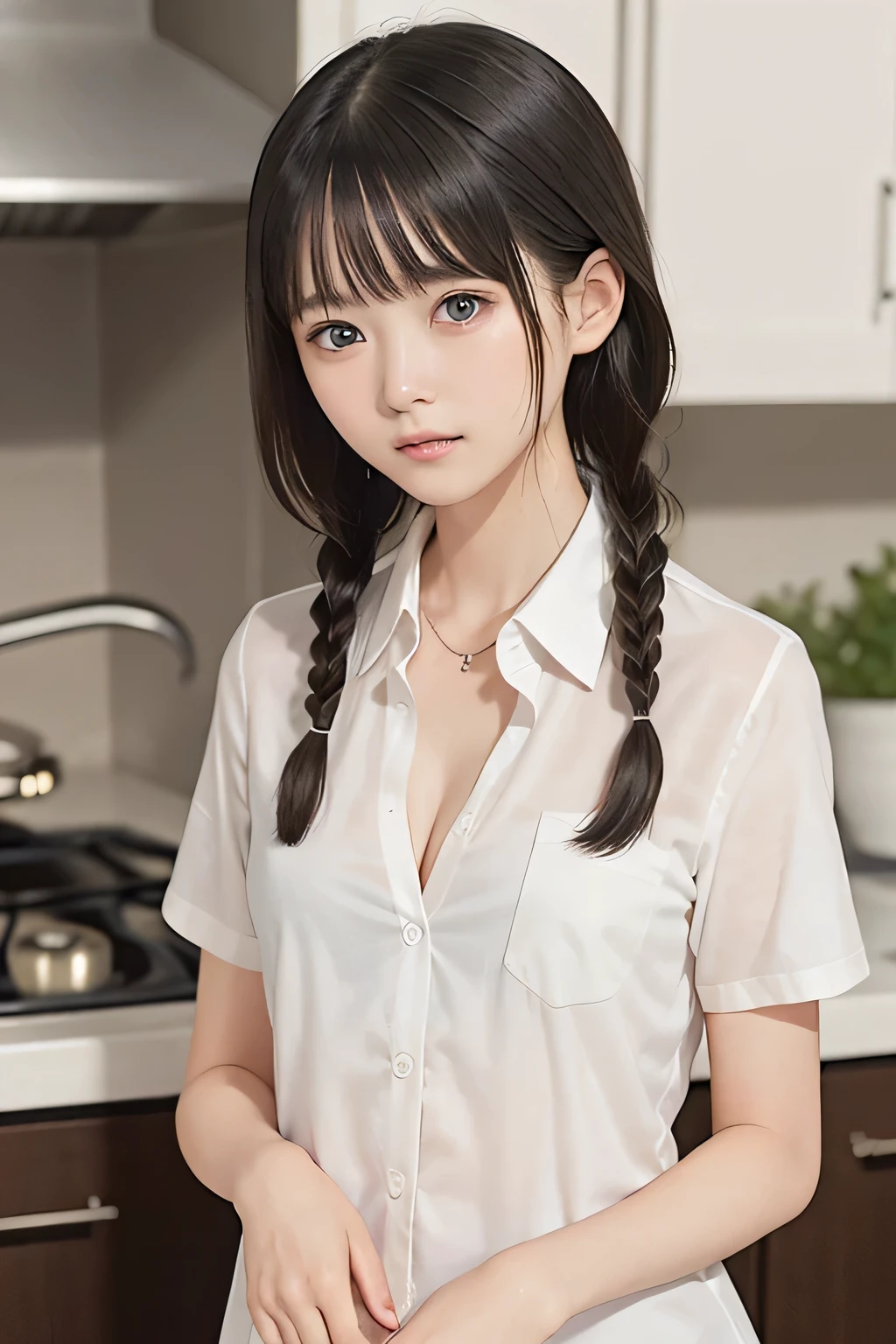(8k, RAW photo, photorealistic:1.25), (short two braids hair, wet hair:1.5), (cleavage, naked shirt, nude, white short sleeve shirt, Unbuttoned shirt:1.7), (lip gloss, eyelashes, Shiny surface, Glossy Skin, best quality, ultra highres, allows depth of field, Color Difference , caustics, blow lighting , Natural Shading, kpop idol), With an expression of calm and bliss like a goddess, crying, tears, tearing, sadness, (dark background, living, kitchen:1.4)