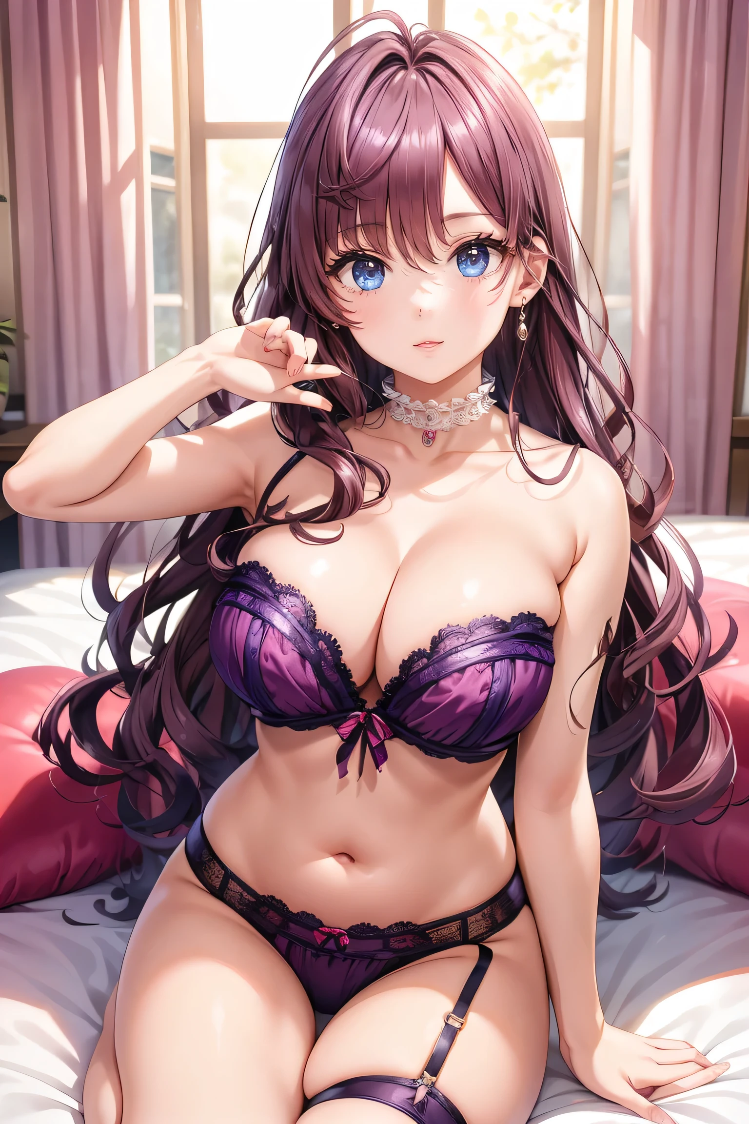 Very noble、She's erotic and cute 、Beautiful purple hair 、Wear revealing clothing、 garter belt、 Garter Straps、 wears erotic and glamorous lace 。 Wear erotic pink open lingerie 。。。。。、 Vibrant Color Styles 、 I'll dazzle you with the best images in the best situations .。 this is a high quality product with meticulous attention to detail ...................。...。 Erotic Poses 。Sexy proportions。 Hang it down to cover your forehead 。 facial beauty。High quality skin texture is the best。 naughty look 。The eyes that look at me are beautiful。 pats her head with a gentle smile 。Beautiful white teeth、 G cup bust、 plump bust、Serving with a beautiful chest、Very beautiful body、this is、 She leaned forward.、Highlight your beautiful stomach and breasts ...................。、 ultra high resolution、 beautiful image 。 vivid details 。Delicate expression around the eyes。。。。 top class performance Ultra high resolution beautiful expression down to detail 4K high resolution 8K high resolution