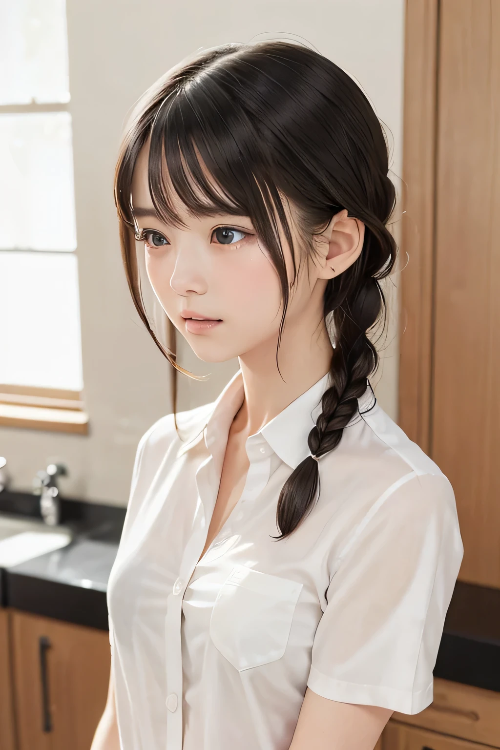 (8k,  RAW photo,  photorealistic:1.25), (short two braids hair, wet hair:1.5), (cleavage, naked shirt, nude, white short sleeve shirt, Unbuttoned shirt:1.7), (lip gloss,  eyelashes, Shiny surface, Glossy Skin,  best quality, ultra highres,  allows depth of field, Color Difference ,  caustics,  blow lighting , Natural Shading,  kpop idol), With an expression of calm and bliss like a goddess, crying, tears, tearing, sadness, (dark background, living, kitchen:1.4)