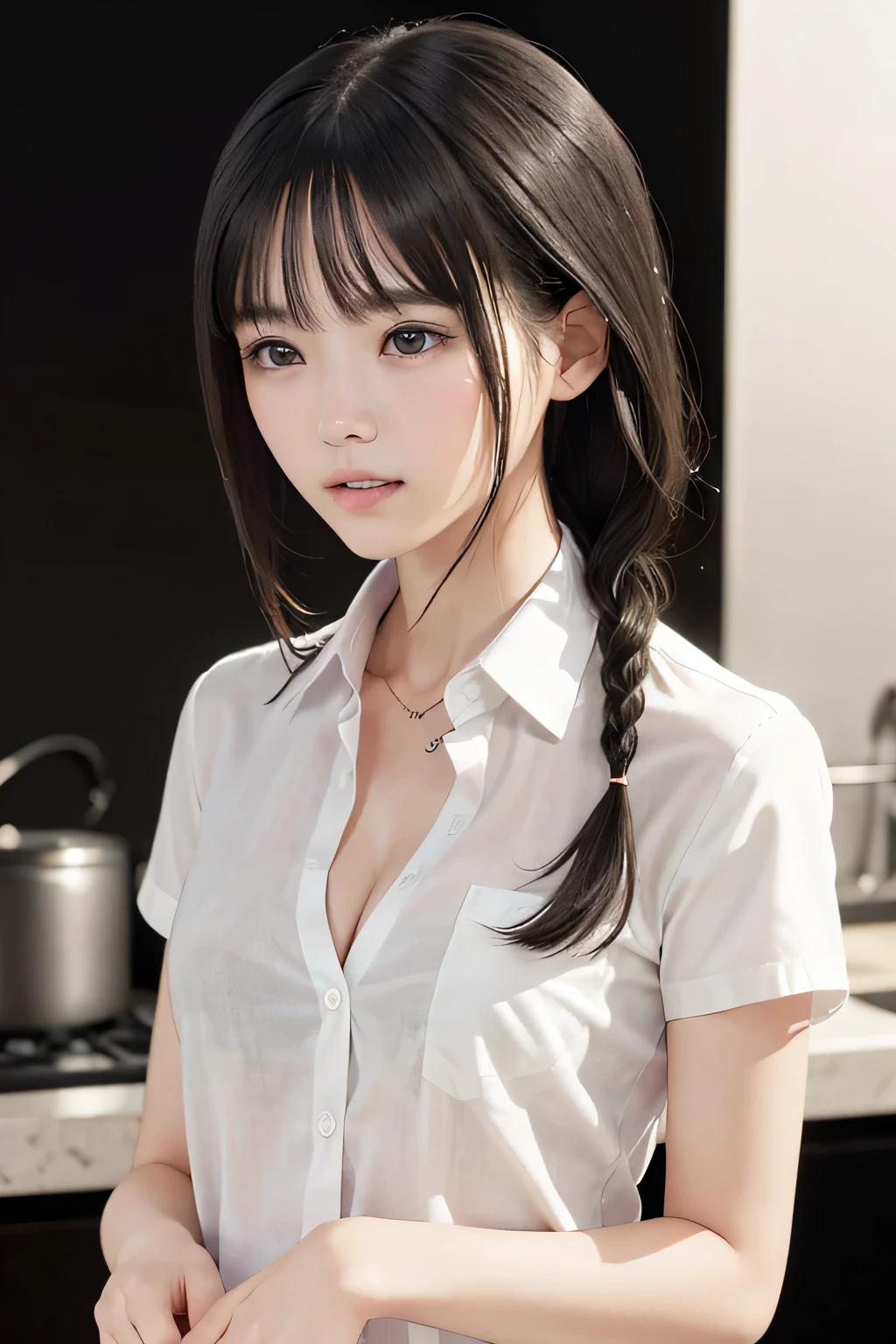 (8k,  RAW photo,  photorealistic:1.25), (short two braids hair, wet hair:1.5), (cleavage, naked shirt, nude, white short sleeve shirt, Unbuttoned shirt:1.7), (lip gloss,  eyelashes, Shiny surface, Glossy Skin,  best quality, ultra highres,  allows depth of field, Color Difference ,  caustics,  blow lighting , Natural Shading,  kpop idol), With an expression of calm and bliss like a goddess, crying, tears, tearing, sadness, (dark background, living, kitchen:1.4)