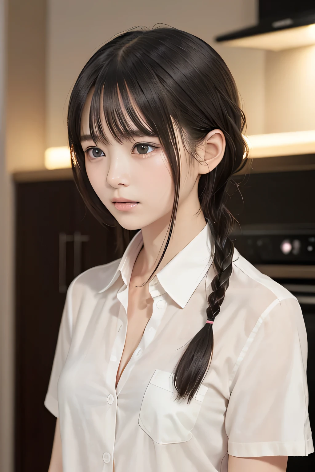 (8k,  RAW photo,  photorealistic:1.25), (short two braids hair, wet hair:1.5), (cleavage, naked shirt, nude, white short sleeve shirt, Unbuttoned shirt:1.7), (lip gloss,  eyelashes, Shiny surface, Glossy Skin,  best quality, ultra highres,  allows depth of field, Color Difference ,  caustics,  blow lighting , Natural Shading,  kpop idol), With an expression of calm and bliss like a goddess, crying, tears, tearing, sadness, (dark background, living, kitchen:1.4)