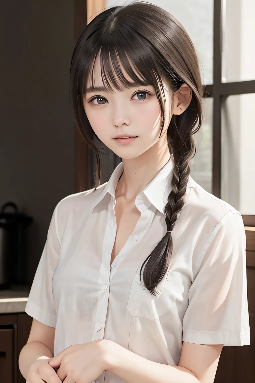 (8k, RAW photo, photorealistic:1.25), (short two braids hair, wet hair:1.5), (cleavage, naked shirt, nude, white short sleeve shirt, Unbuttoned shirt:1.7), (lip gloss, eyelashes, Shiny surface, Glossy Skin, best quality, ultra highres, allows depth of field, Color Difference , caustics, blow lighting , Natural Shading, kpop idol), With an expression of calm and bliss like a goddess, crying, tears, tearing, sadness, (dark background, living, kitchen:1.4)