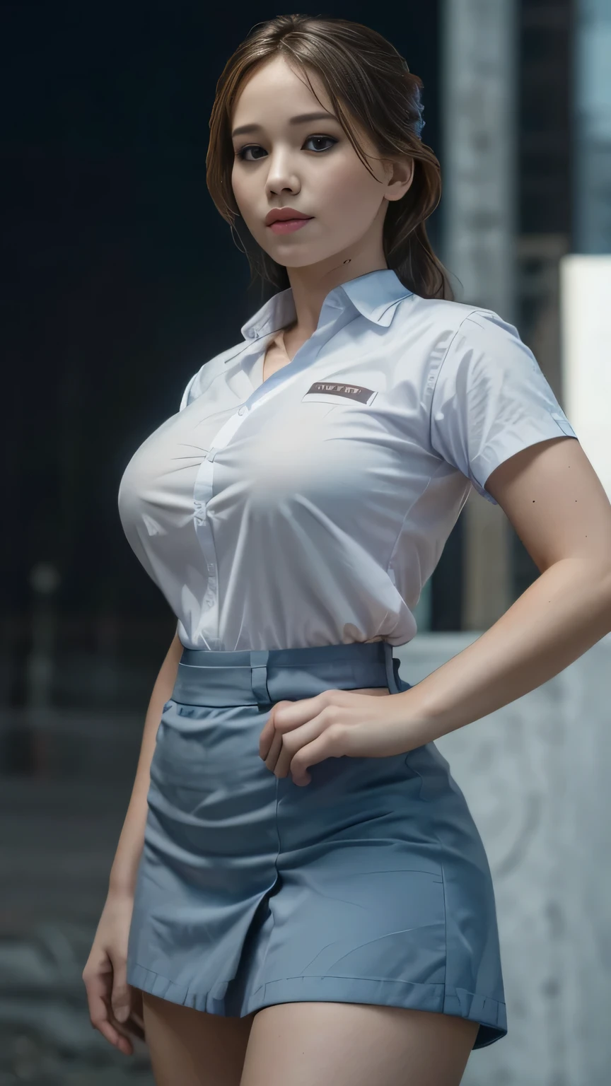 (Muscular:1.6), (thick thighs:0), (large round :0), (large muscular  and shoulders:1.6), FEMALE, brown hair, long brown hair, (big smile:0), (wearing a tight blue short sleeve Polo shirt and skirt:1.5), looking at viewer, (three quarter view:1.2), upper body view, (school hallway:1.5), dark lighting, detailed skin, detailed eyes, (dark skin:1.3), (huge round muscles:1.6),