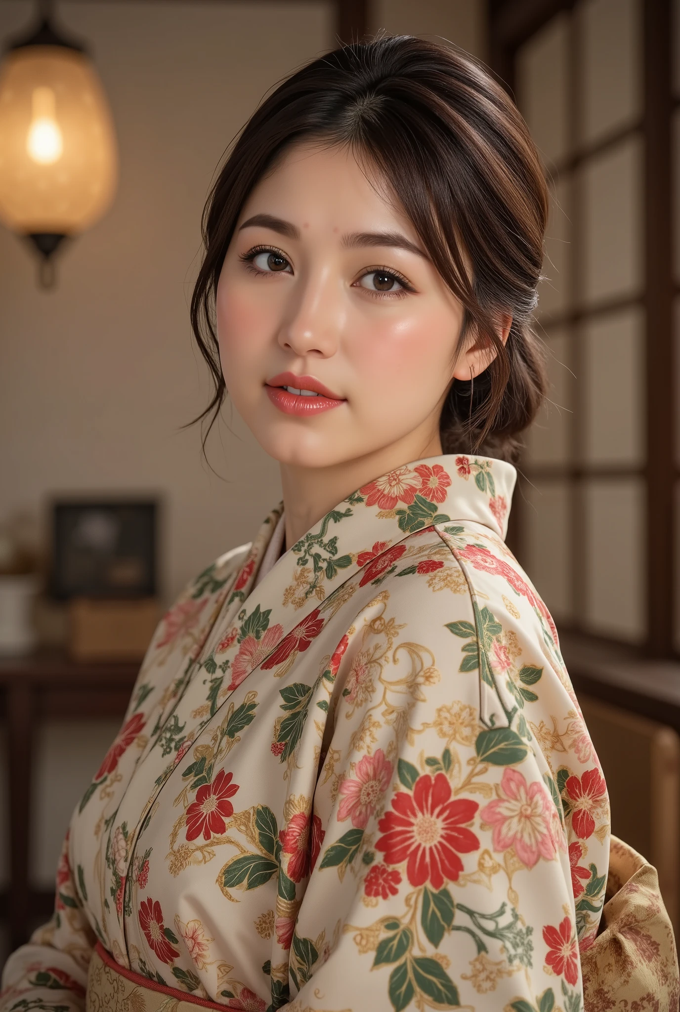 best quality, masterpiece, super high resolution, beautiful Japanese mature woman, Kind Face, green eyes, kind smile, Curvy Body, big boobs, updo brown hair, Japanese female Cloth Outfit, Japanese kimono, In Old Japanese-style Room, night:1.2,