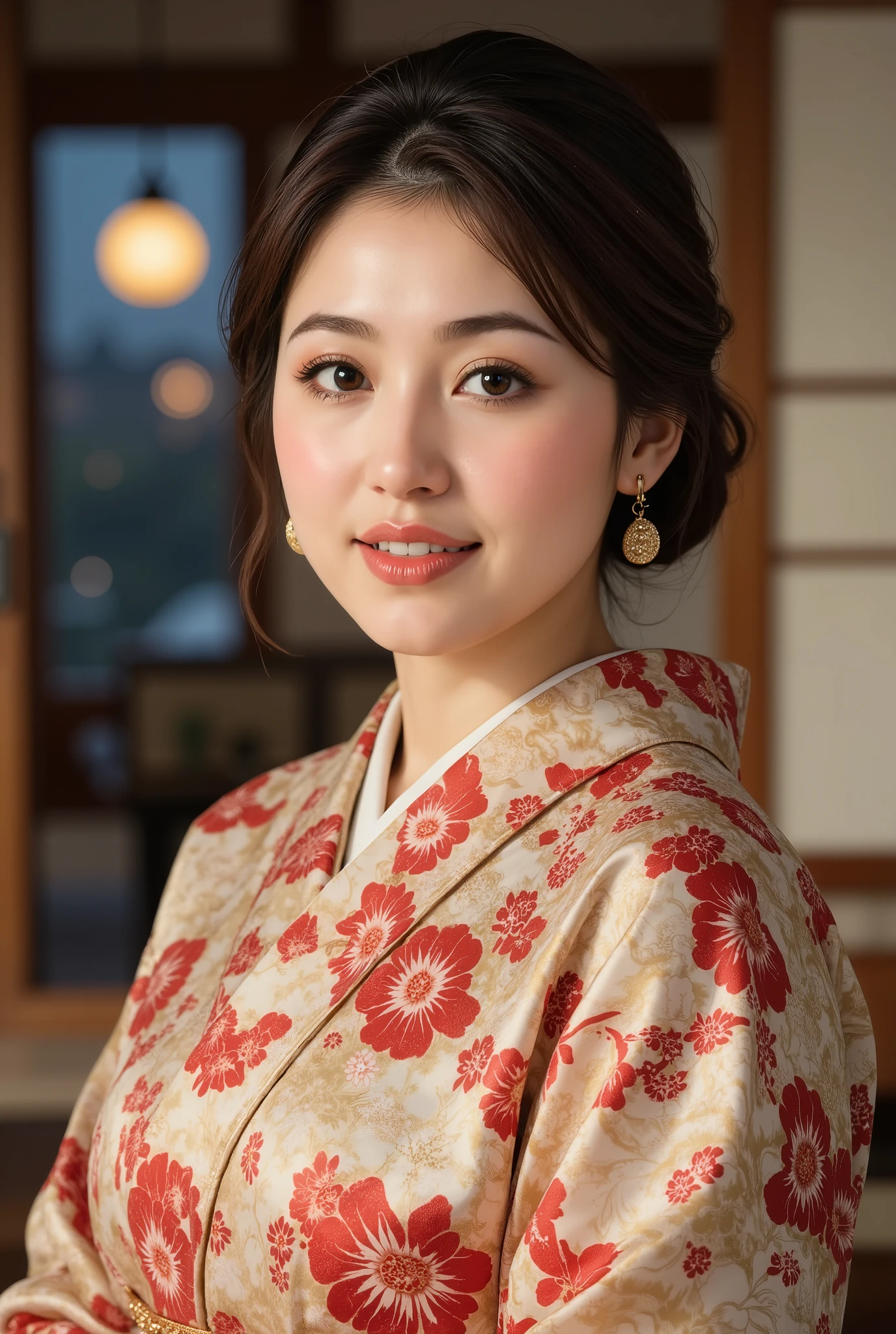 best quality, masterpiece, super high resolution, beautiful Japanese mature woman, Kind Face, green eyes, kind smile, Curvy Body, big boobs, updo brown hair, Japanese female Cloth Outfit, Japanese kimono, In Old Japanese-style Room, night:1.2,