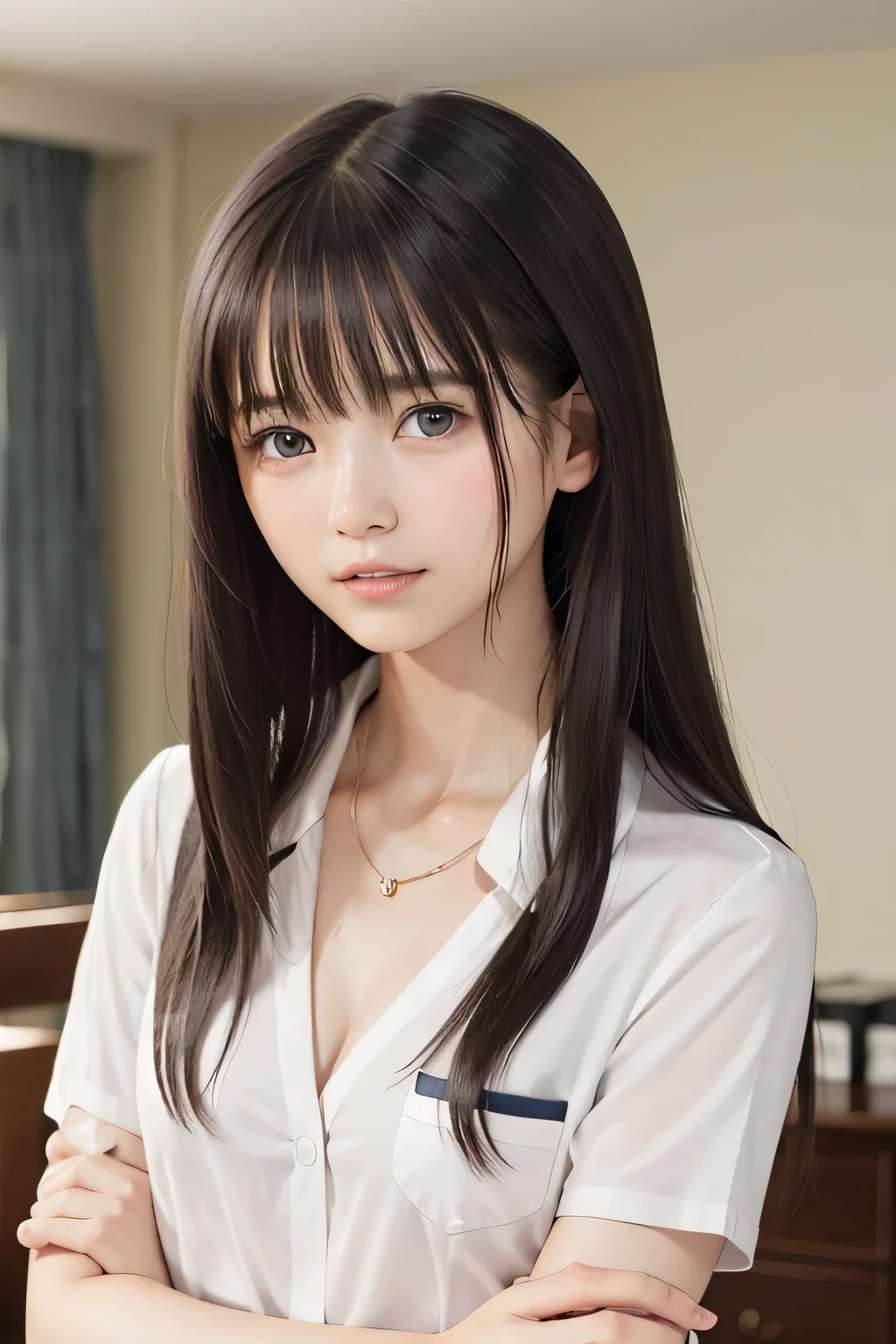 bright expression、photorealisim、top-quality、超A high resolution、a picture、Photos of the most beautiful Nordic girls、Detailed cute and beautiful face、a small face、(pureerosface_v1:0.008)、Beautiful bangs、alice in the wonderland、18year old、Glowing white shiny skin、Hair tangled in the face、Bangs that extend to the face、bangss、Hair between the eyes、Super long hair、Attractive brown silky hair、finer hair、Bright, Her clear light blue eyes shine charmingly、School Winter Uniforms、winter uniform、jaket、eye liner、Double eyelids、ample breasts、Shot up to the thigh、Dynamic Pose