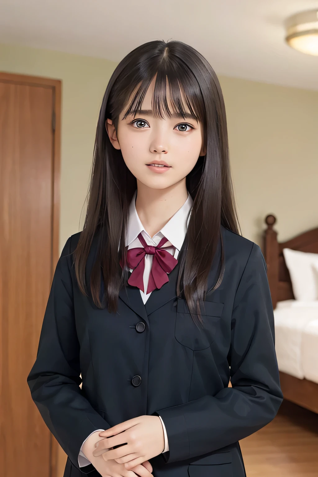 (8k, RAW photo, photorealistic:1.25), idol reproduced without any sense of incongruity , straight hair, slim body , bust up , naked shirt, sailor school uniform, as shown in the picture , (indoor, dark background, hotel bedroom), crying