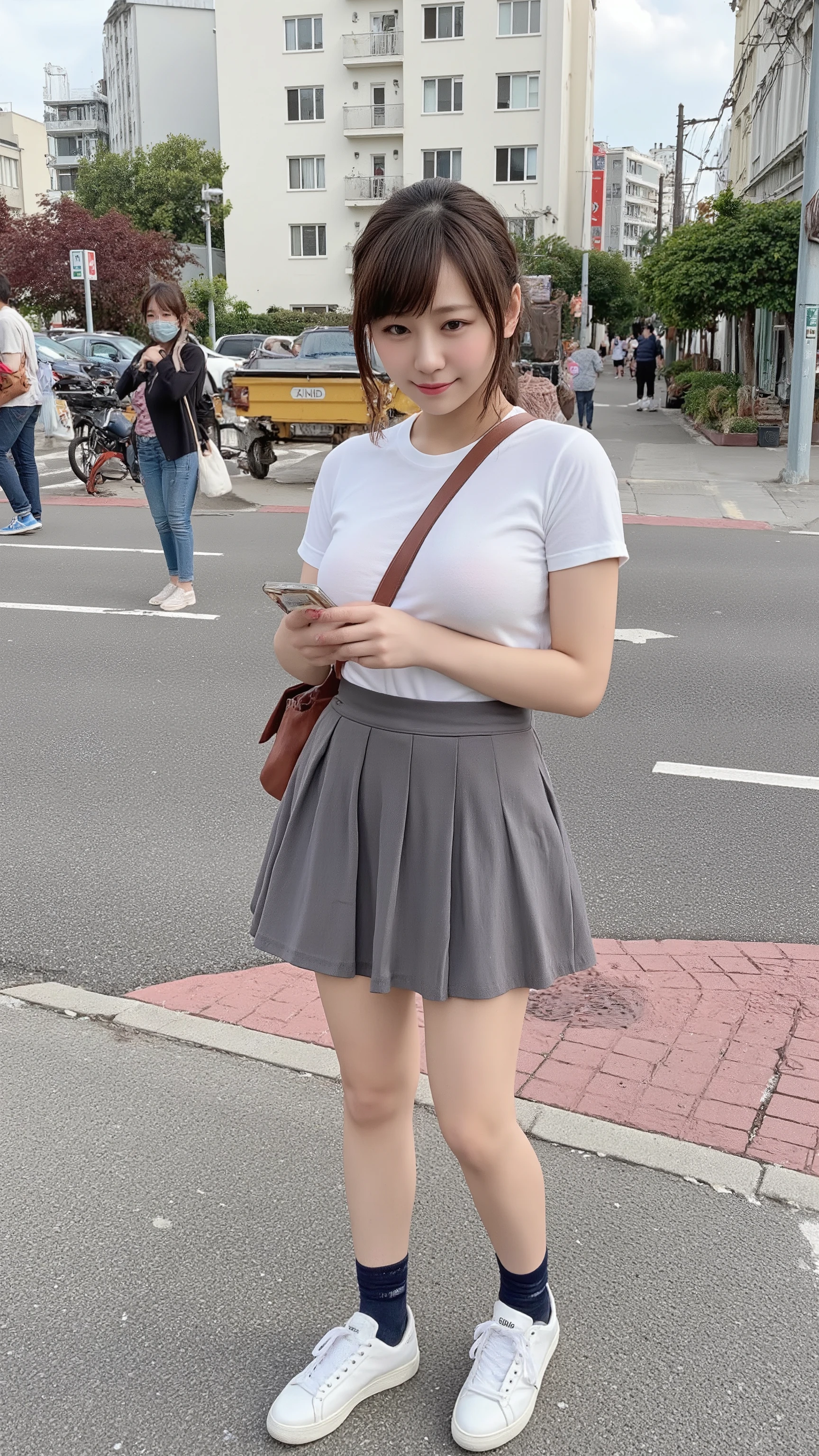 Smiling age girl standing on a street corner in Tokyo where many people come and go。 wearing a white T-shirt and a gray pleated miniskirt、I'm wearing dark blue socks and sneakers。A girl with beautiful short black hair and clear white skin is looking at her smartphone。I'm hanging my sports bag diagonally、Photorealistic image of the bag strap passing between the chest 、Large breasts are emphasized。Photorealistic image of a composition looking at the whole body from below 。paisla。
