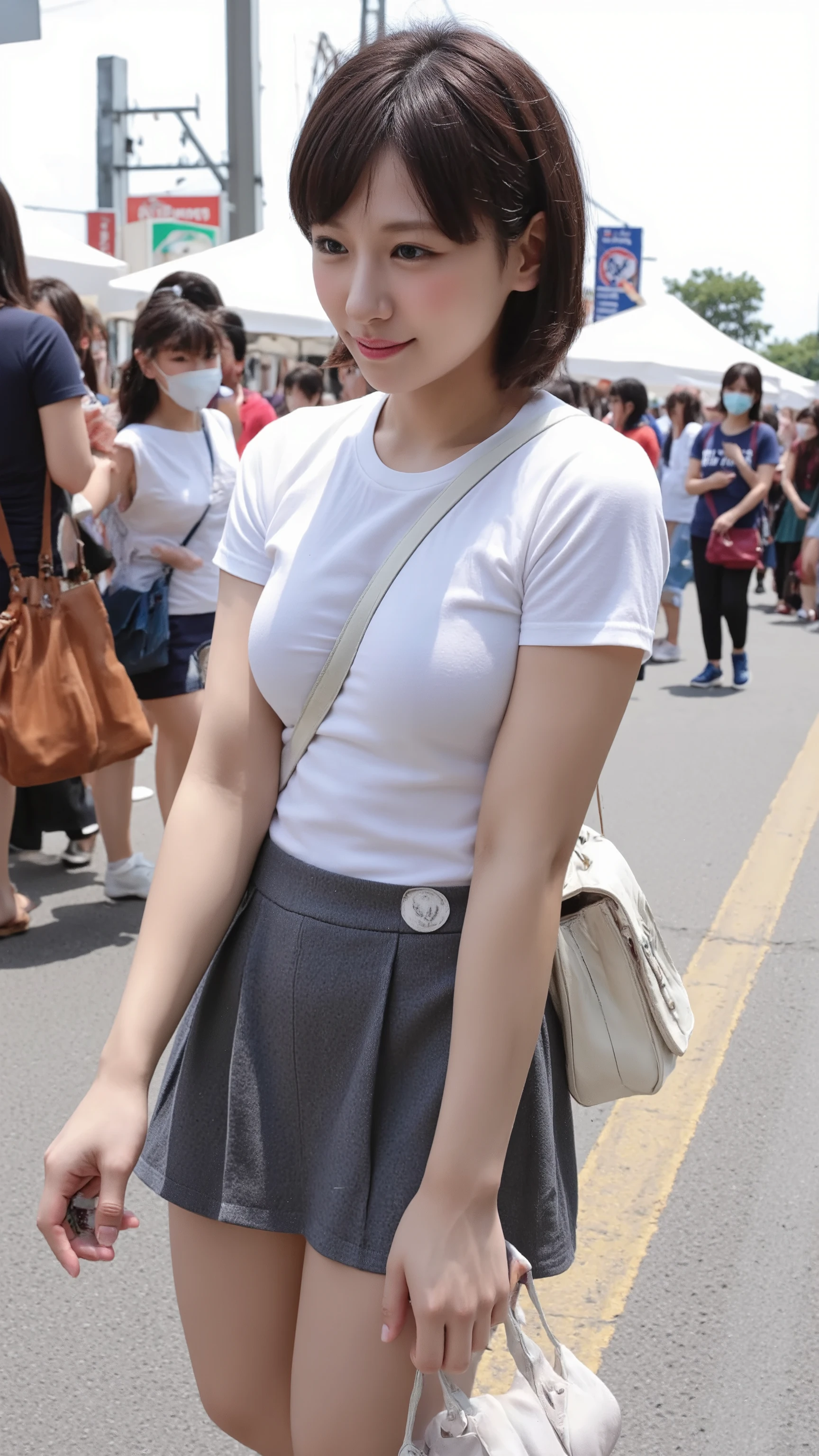 Smiling age girl standing on a street corner in Tokyo where many people come and go。 wearing a white T-shirt and a gray pleated miniskirt、I'm wearing dark blue socks and sneakers。A girl with beautiful short black hair and clear white skin is looking at her smartphone。I'm hanging my sports bag diagonally、Photorealistic image of the bag strap passing between the chest 、Large breasts are emphasized。Photorealistic image of a composition looking at the whole body from below 。paisla。