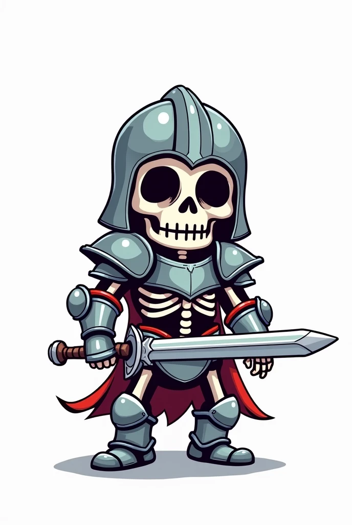 fun00d, cartoon illustration of a skeleton holding a sword and shield, solo, simple background, red eyes, holding, full body, weapon, sword, grey background, holding weapon, no humans, holding sword, skull, shield, holding shield, skeleton, Detailed <lora:fun00d-000012:1>
