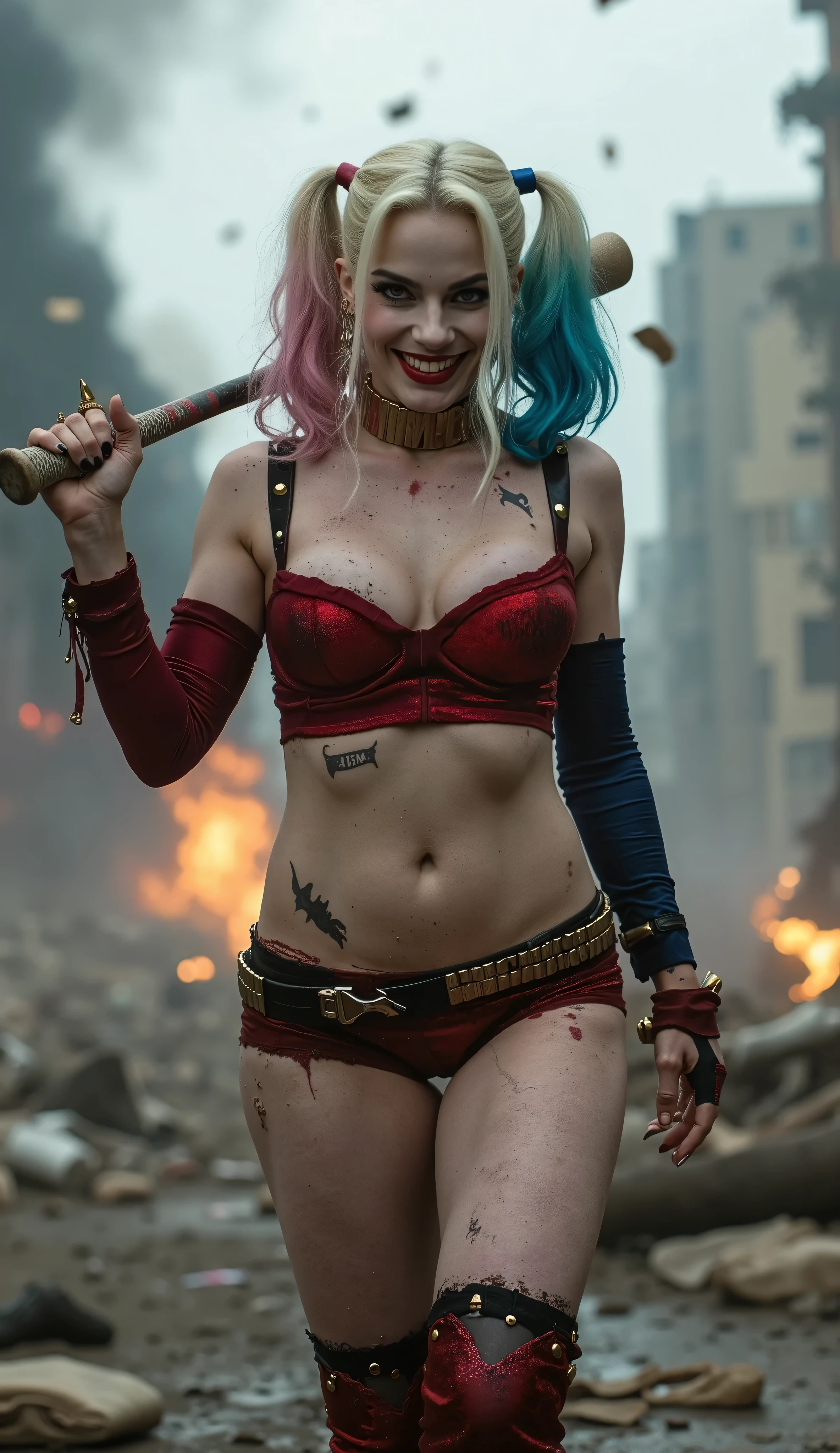 Margot Robbie As Harley Quinn, no clothes, no underwear, sexy pose, seductive, flirting, looking at viewer, sexy red lingerie, sexy red thong, sexy red lingerie, sexy red thong, sexy red lingerie, sexy red thong, sexy red lingerie, sexy red thong, sexy red lingerie, sexy red thong, sexy red lingerie, sexy red thong, holding baseball bat, standing, wild evil grin, teeth visible, upper body, destroyed city, destroyed buildings, smoke, dust, flying debris, daytime, cloudy