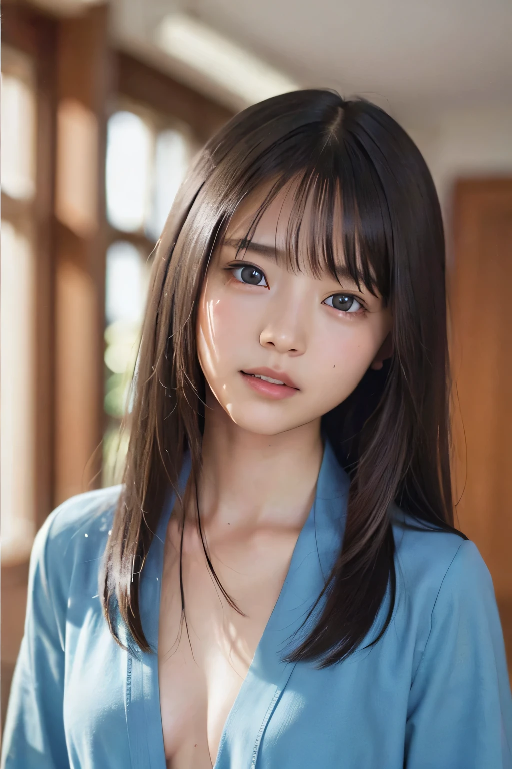 (8k, RAW photo, photorealistic:1.25), idol reproduced without any sense of incongruity , straight hair, slim body , bust up, (cleavage, naked shirt, school uniform, open shirt), as shown in the picture , (indoor, dark background, hotel bedroom), crying