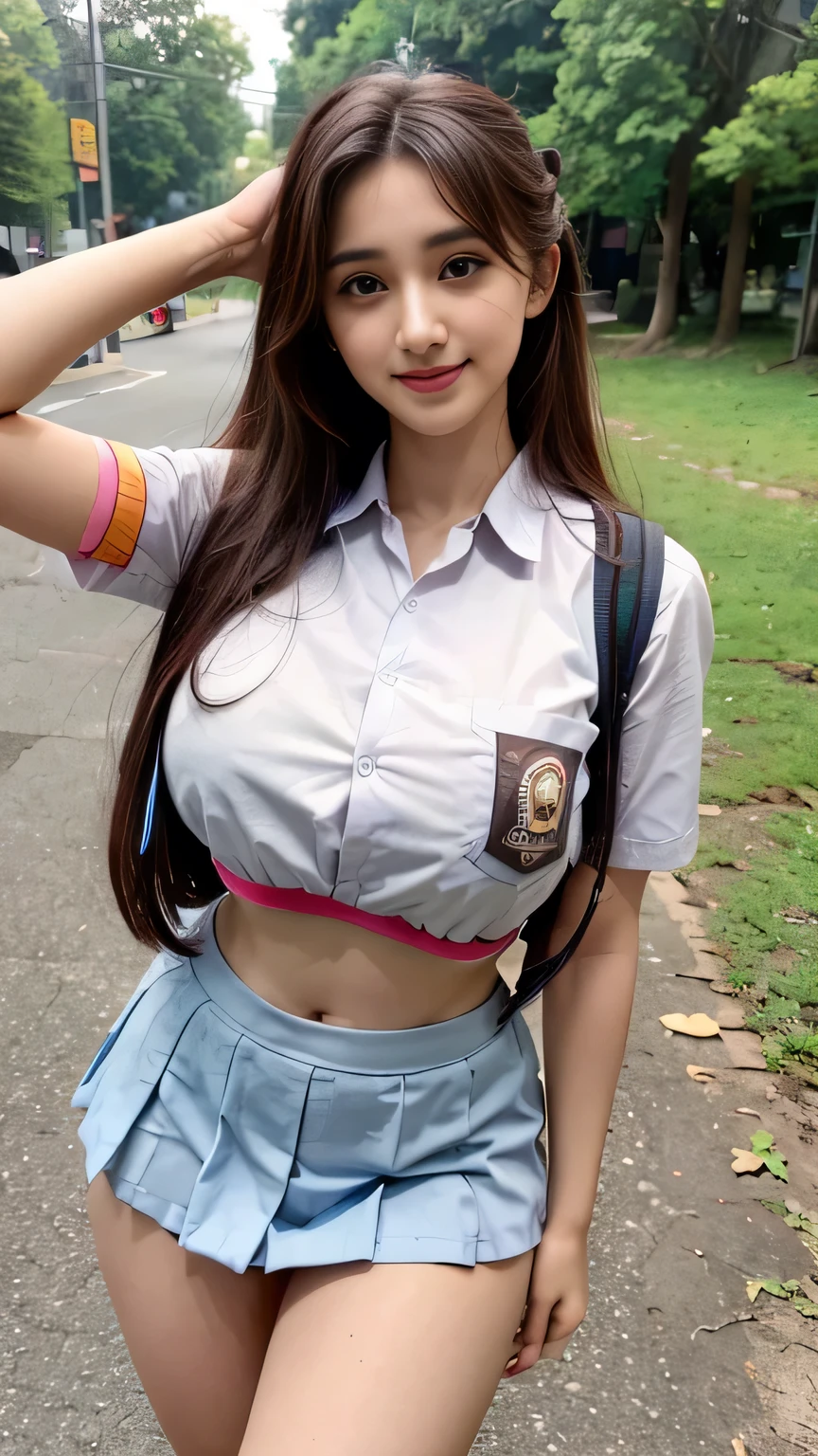 masutepiece, Best Quality, Solo, Idol face, , Looking at Viewer, (Eyes and faces with detailed:1.0), Distant perspective , abdominals、、Transverse breasts、セーラー服,ガーターストッキング、カメラに微笑む、ベッドルーム、レース素材のパンティ