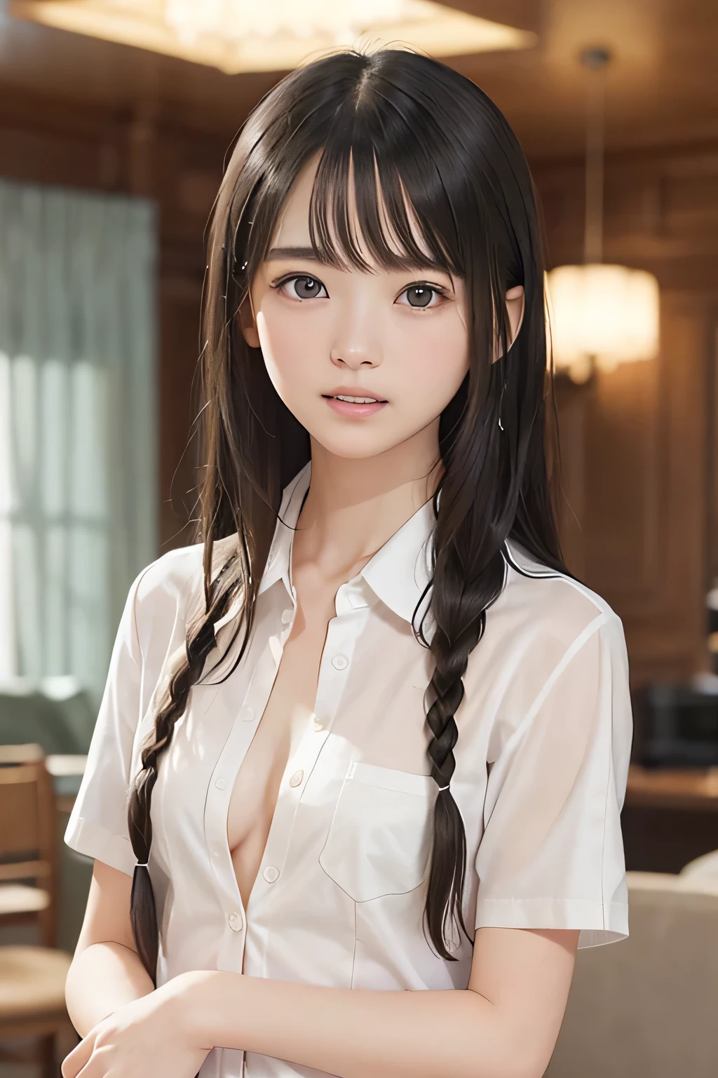 (8k, RAW Photo , photorealistic:1.25), ( short braided hair , wet hair:1.5), (Chest, Naked Shirt, nudes, WHITE SHORT SLEEVE SHIRTS , open shirt:1.7), ( lip gloss, eyelashes, Glossy surface, Glossy Skin, top quality, ultra highres, semi-long hair, Color Difference , caustics, light in the classroom at night , Natural Shading, kpop idol), like a goddess、With a gentle and blissful expression, depth of field is permitted on , crying, tears, tear up, sorrow, ( DARK BACKGROUND , living room , kitchen:1.4)