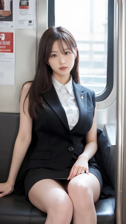 Photograph of two adults, A Japanese high school girl with flashy hair, no clothes and leather shoes., shine, bare, big breasts, thin, Genuine leather gloves.,shine hair,Masterpiece,Inside the train,Peeping Tom,Heavy makeup,Highly detailed face, open eyes,((Cross your legs.)). , โป๋bare, Small milk field, Beautiful tits, pink nipples, ,She looked at the photographer with an inviting expression..,school bag,This photo was taken during the day with soft lighting...、Girls are sitting on train seats..。. ภาพนี้ถ่ายโดยใครthinคนบนโทรศัพท์มือถือของพวกเขา..、It was apparently posted on Snapchat..。. 